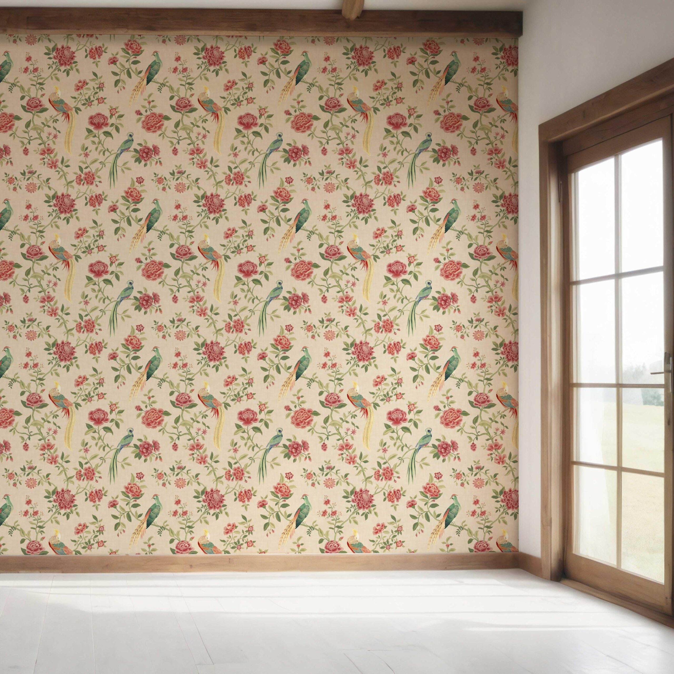 Floral Chinoiserie/ Nature Bird Print Bedroom Wallpaper (Peach/ Red/ Green/ Yellow)