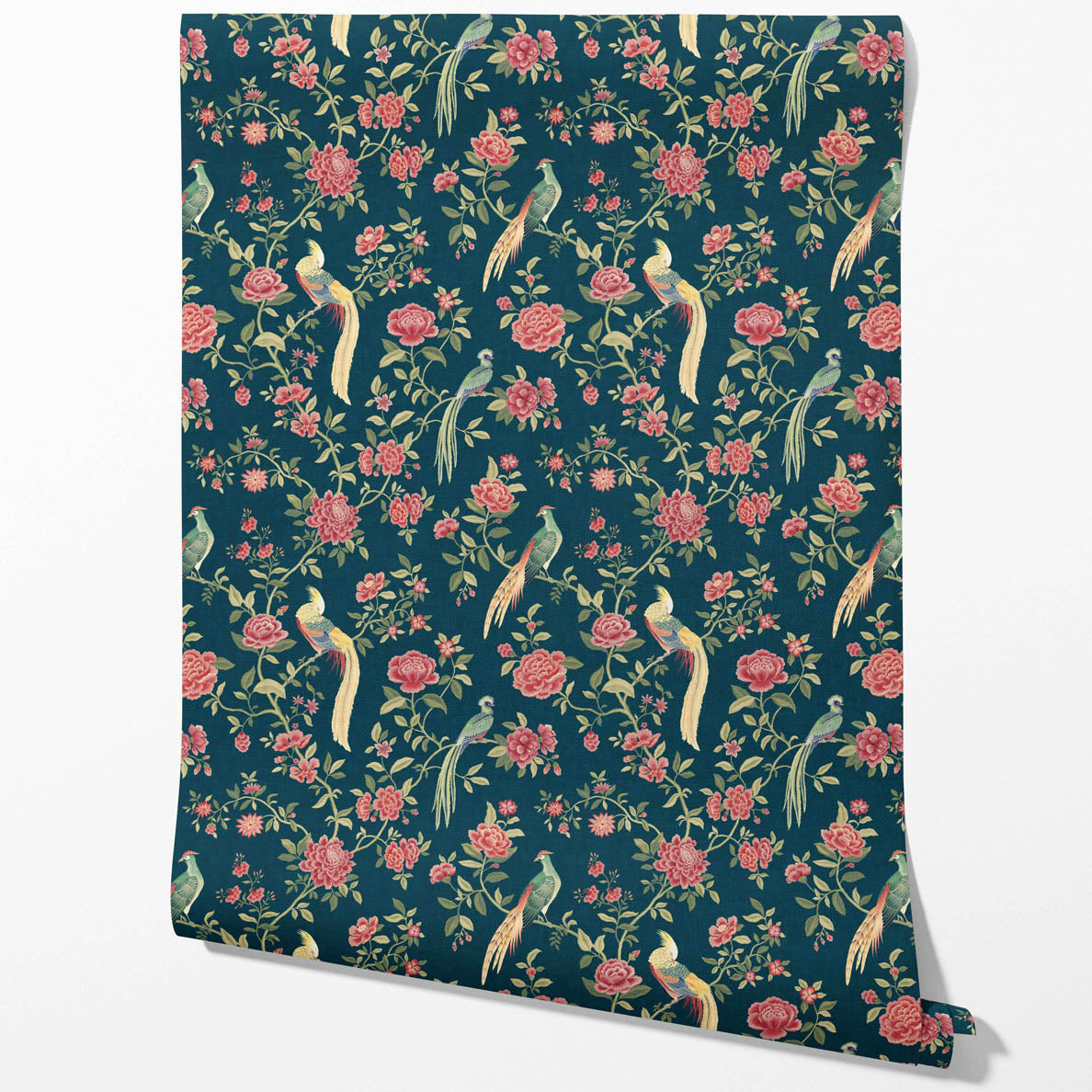 Floral Chinoiserie/ Nature Bird Print Traditional Wallpaper (Teal Blue/ Pink/ Green/ Yellow)