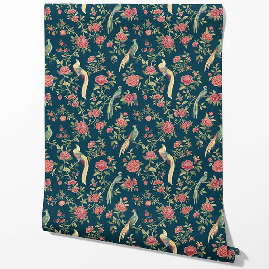 Floral Chinoiserie/ Nature Bird Print Traditional Wallpaper (Teal Blue/ Pink/ Green/ Yellow)