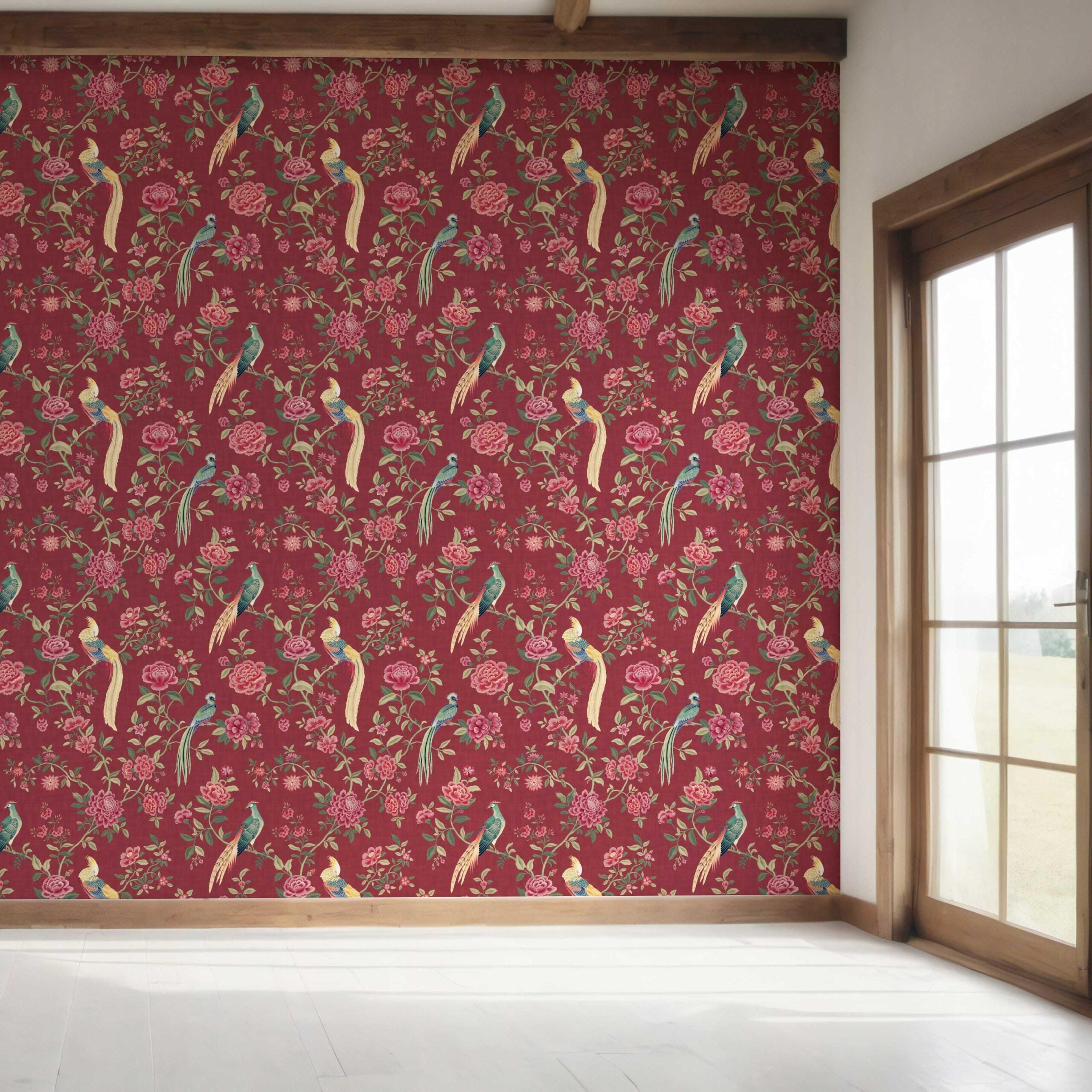 Floral Chinoiserie/ Nature Bird Print Bedroom Wallpaper Sample (Red/ Pink/ Green/ Yellow)
