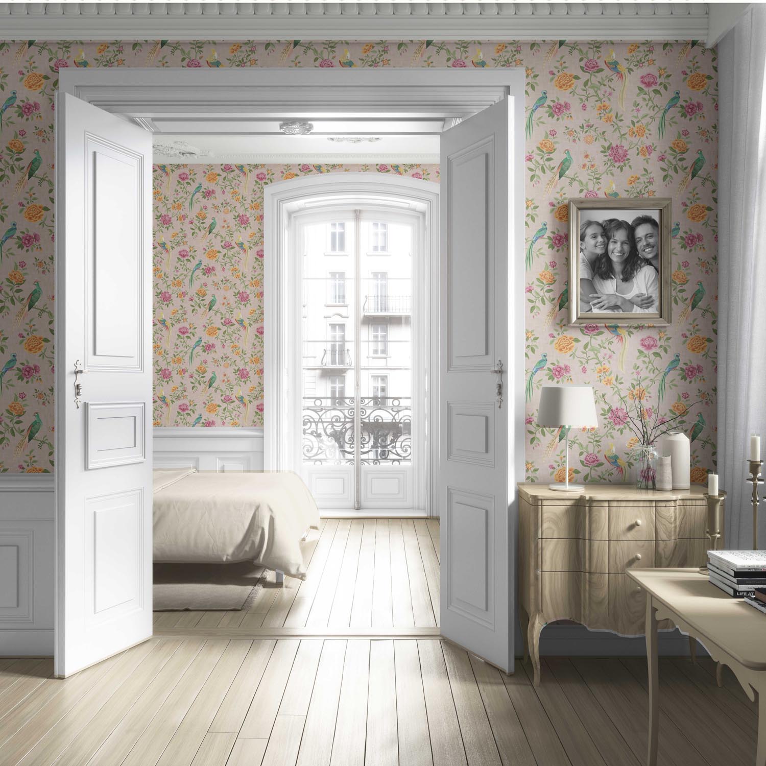 Floral Chinoiserie/ Nature Bird Print Living Room Wallpaper (Pale Pink/ Green/ Blue/ Orange/ Yellow)