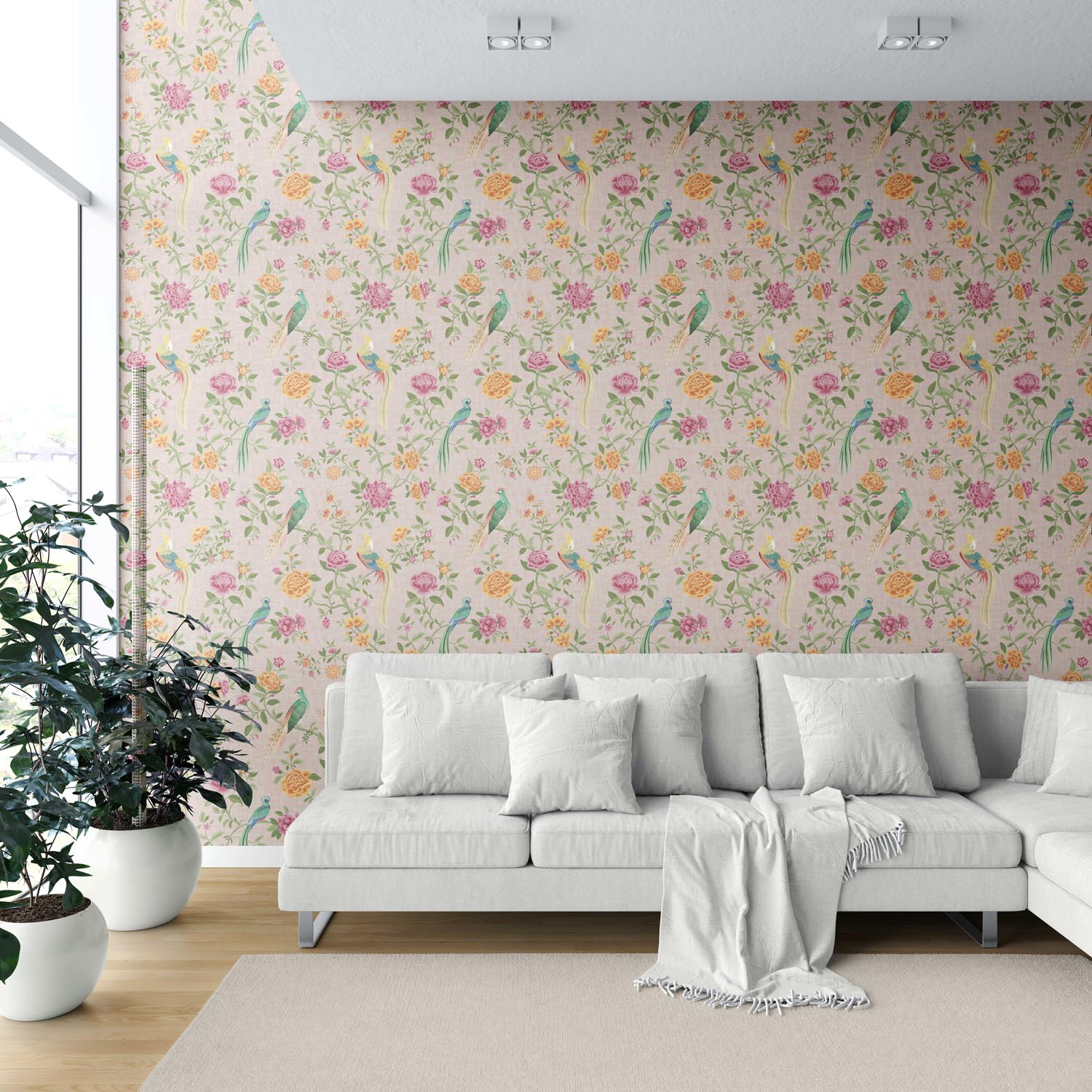 Floral Chinoiserie/ Nature Bird Print Shower Toilet Wallpaper (Pale Pink/ Green/ Blue/ Orange/ Yellow)