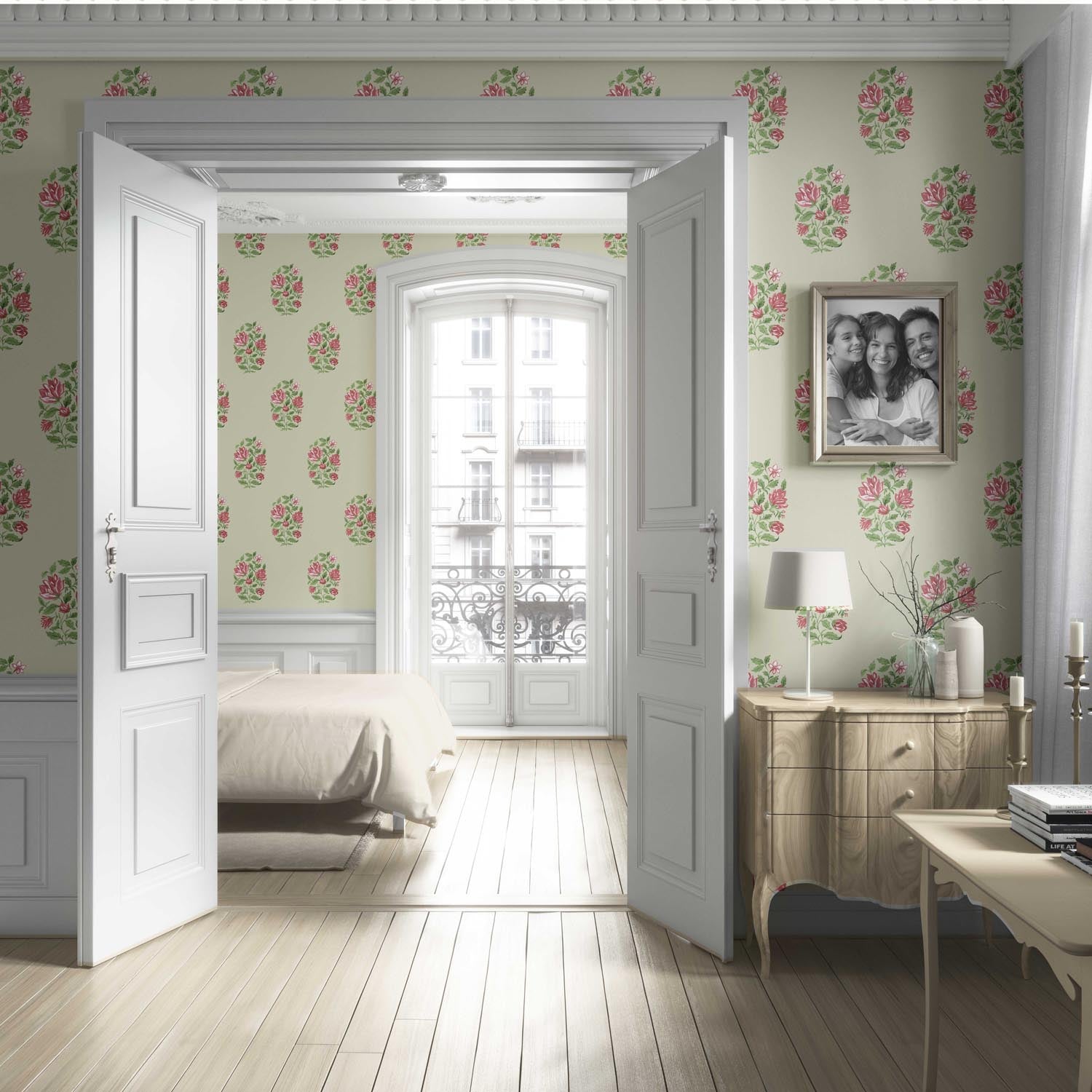 Floral Block Print Living Room Wallpaper (Sage Green/ Pink-Red)