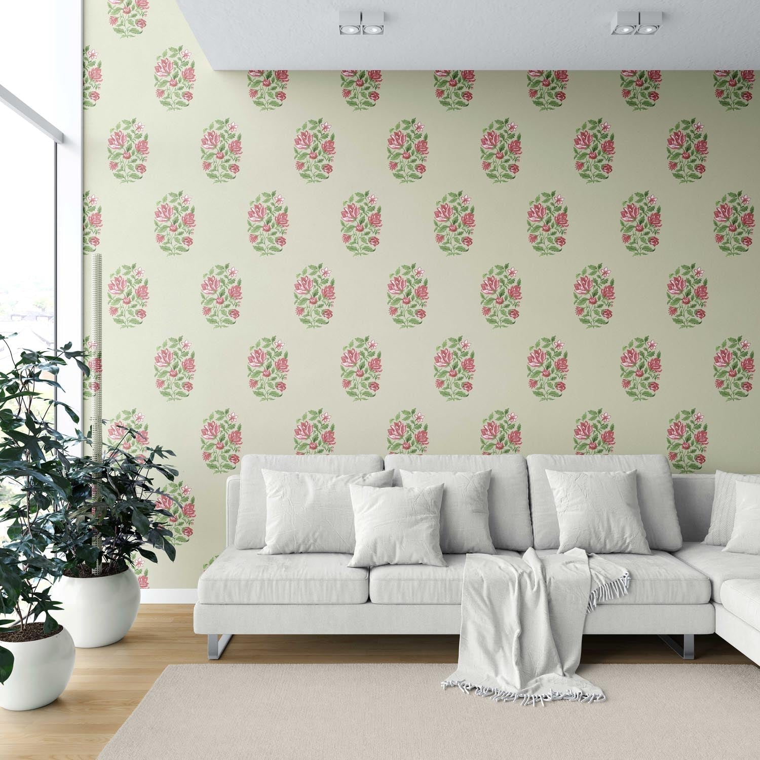 Floral Block Print Shower Toilet Wallpaper Sample (Sage Green/ Pink-Red)