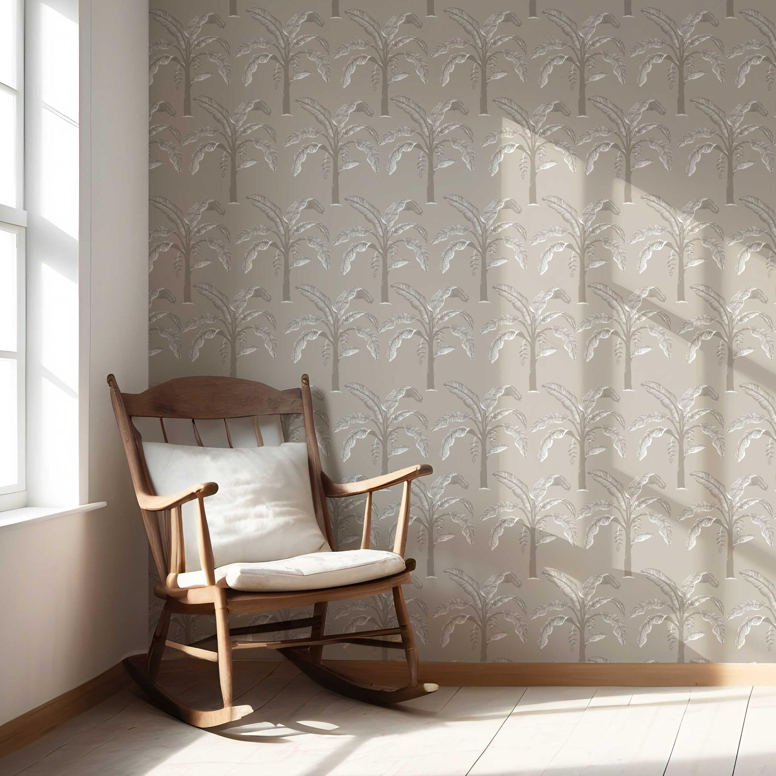 Floral/ Botanical Palm Trees Patterned Nursery Wallpaper (Greige/ Soft Taupe/ Gray)