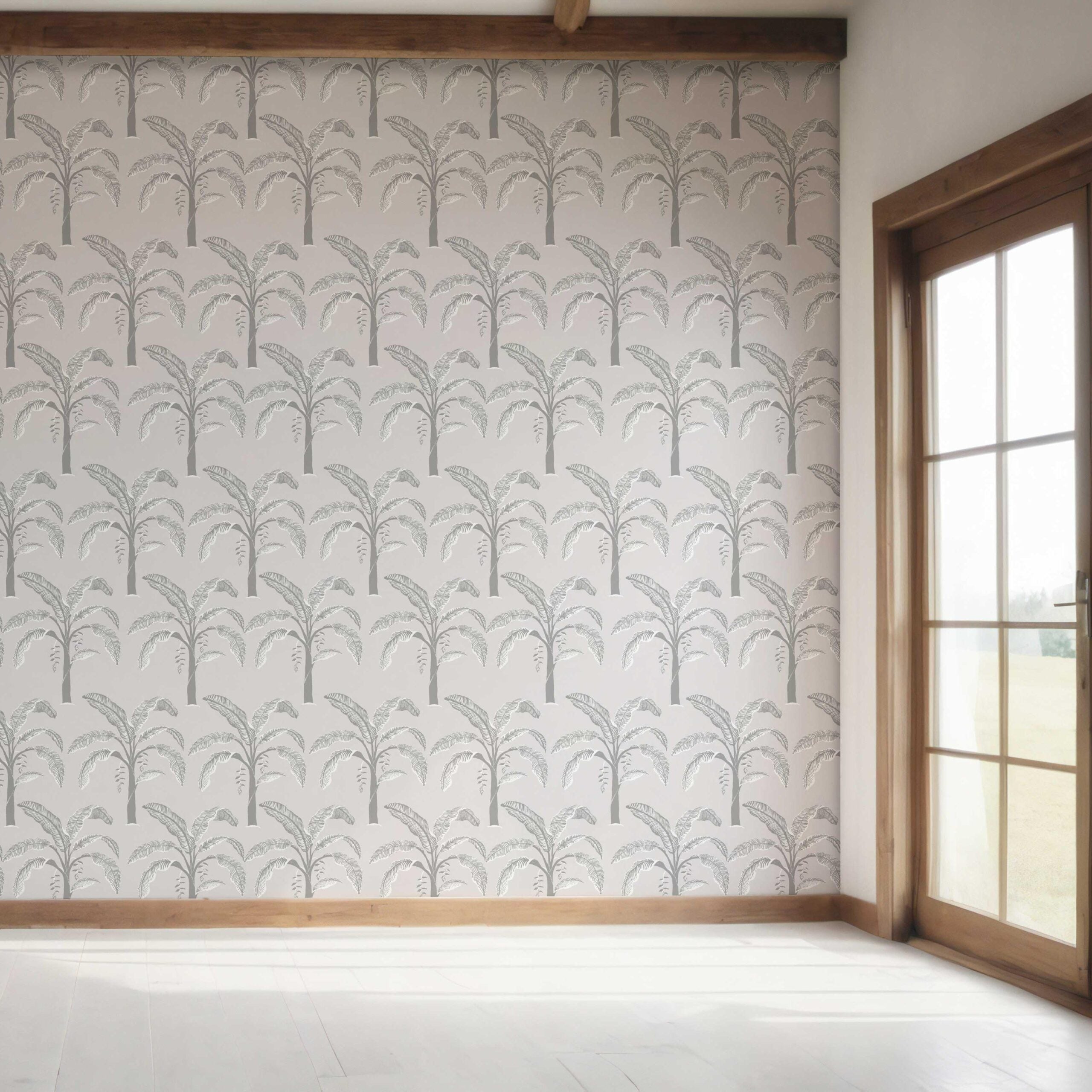 Floral/ Botanical Palm Trees Patterned Bedroom Wallpaper Sample (Gray)