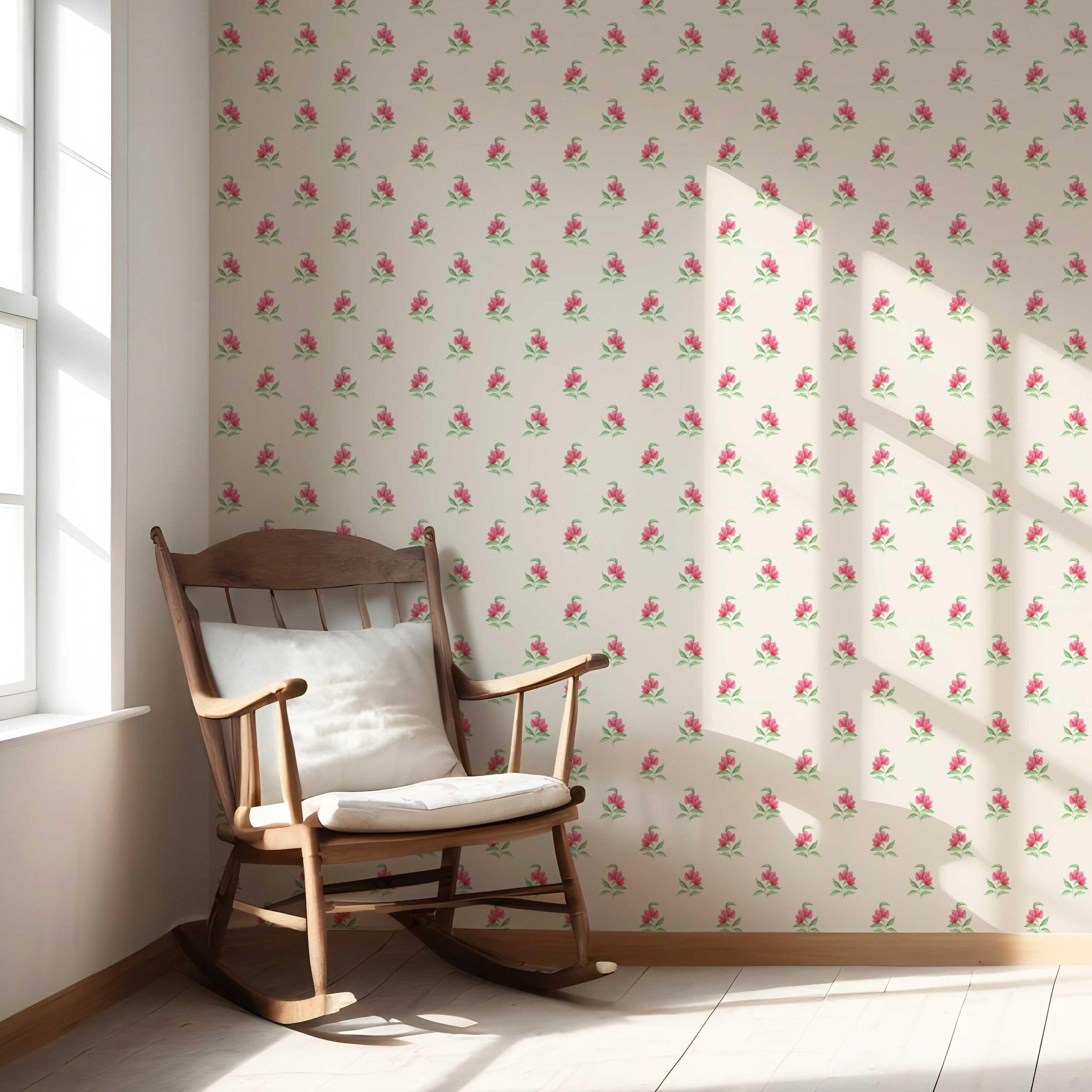 Vintage-Inspired Floral Block Print Nursery Wallpaper (Pink/ Green/ Beige)