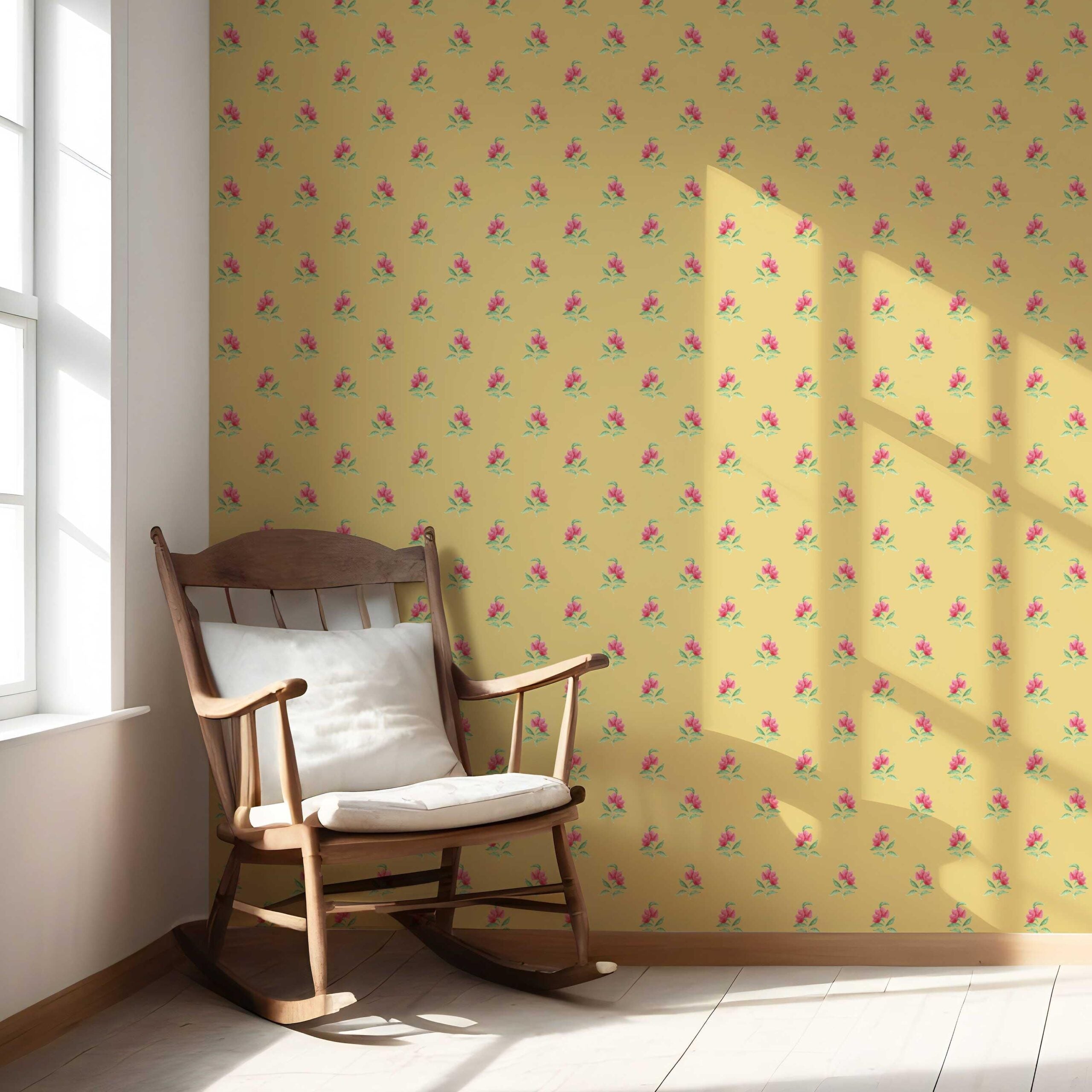 Vintage-Inspired Floral Block Print Nursery Wallpaper (Yellow/ Pink/ Green)