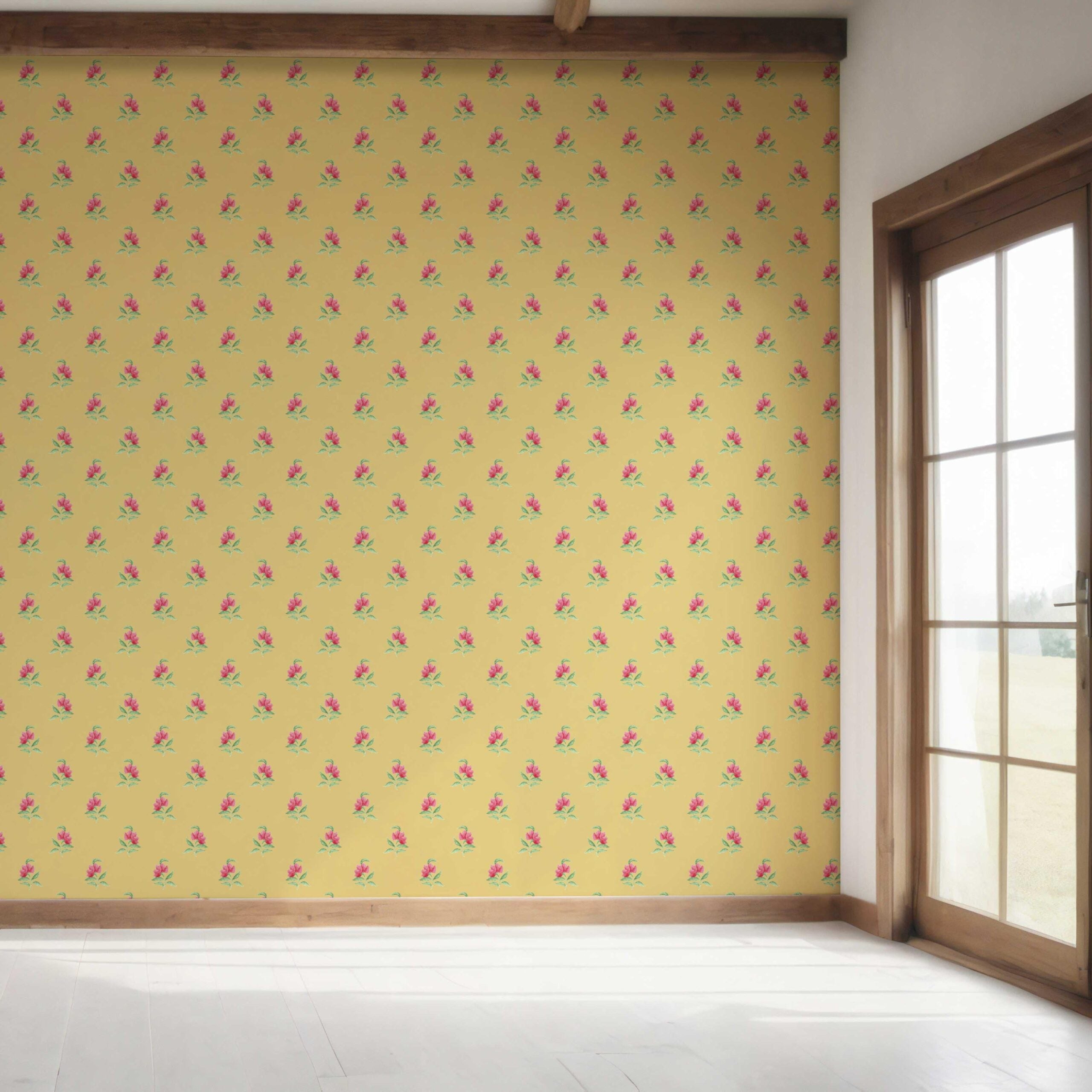 Vintage-Inspired Floral Block Print Bedroom Wallpaper Sample (Yellow/ Pink/ Green)