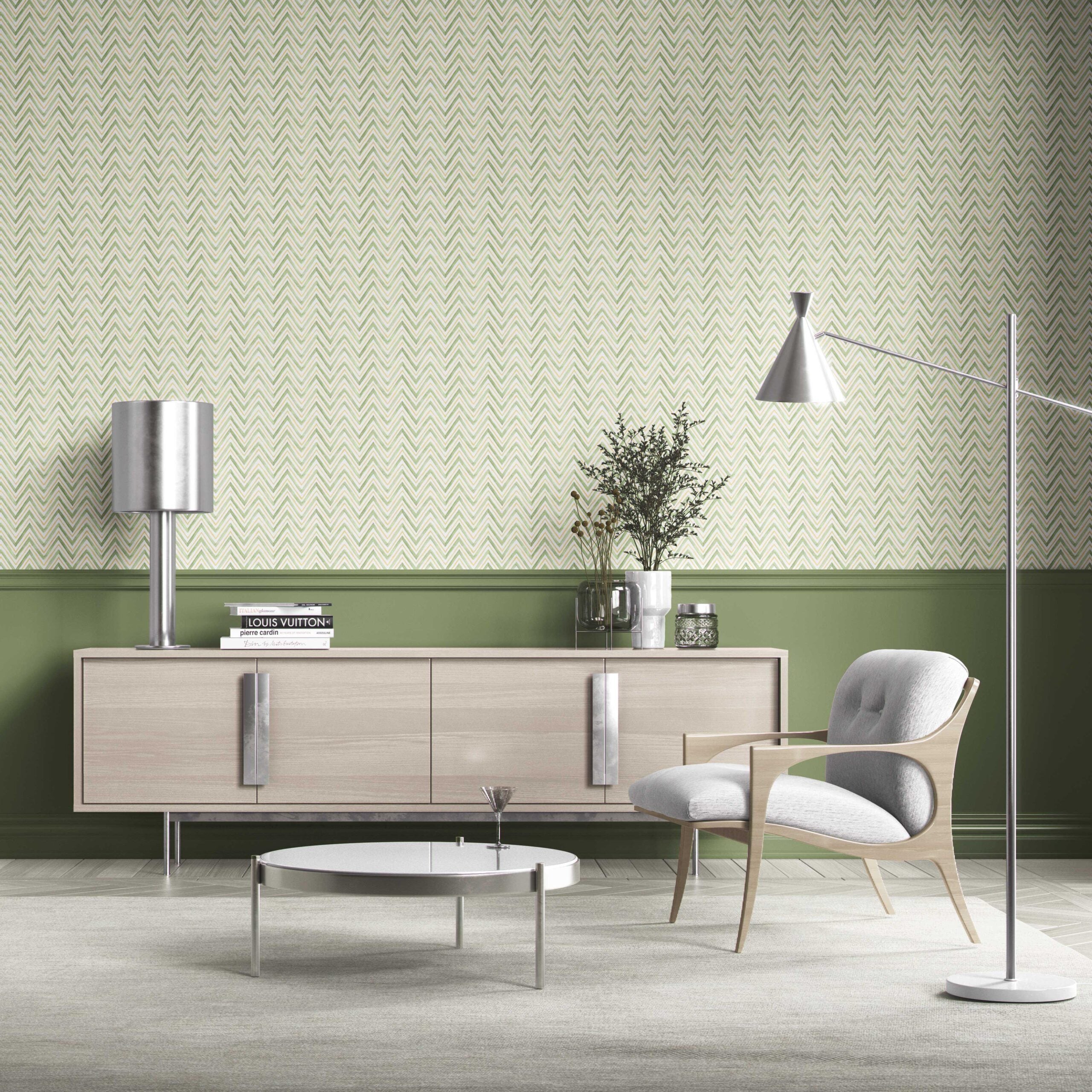 Geometric Zigzag/ Chevron Bathroom Wallpaper (Green/ Yellow)