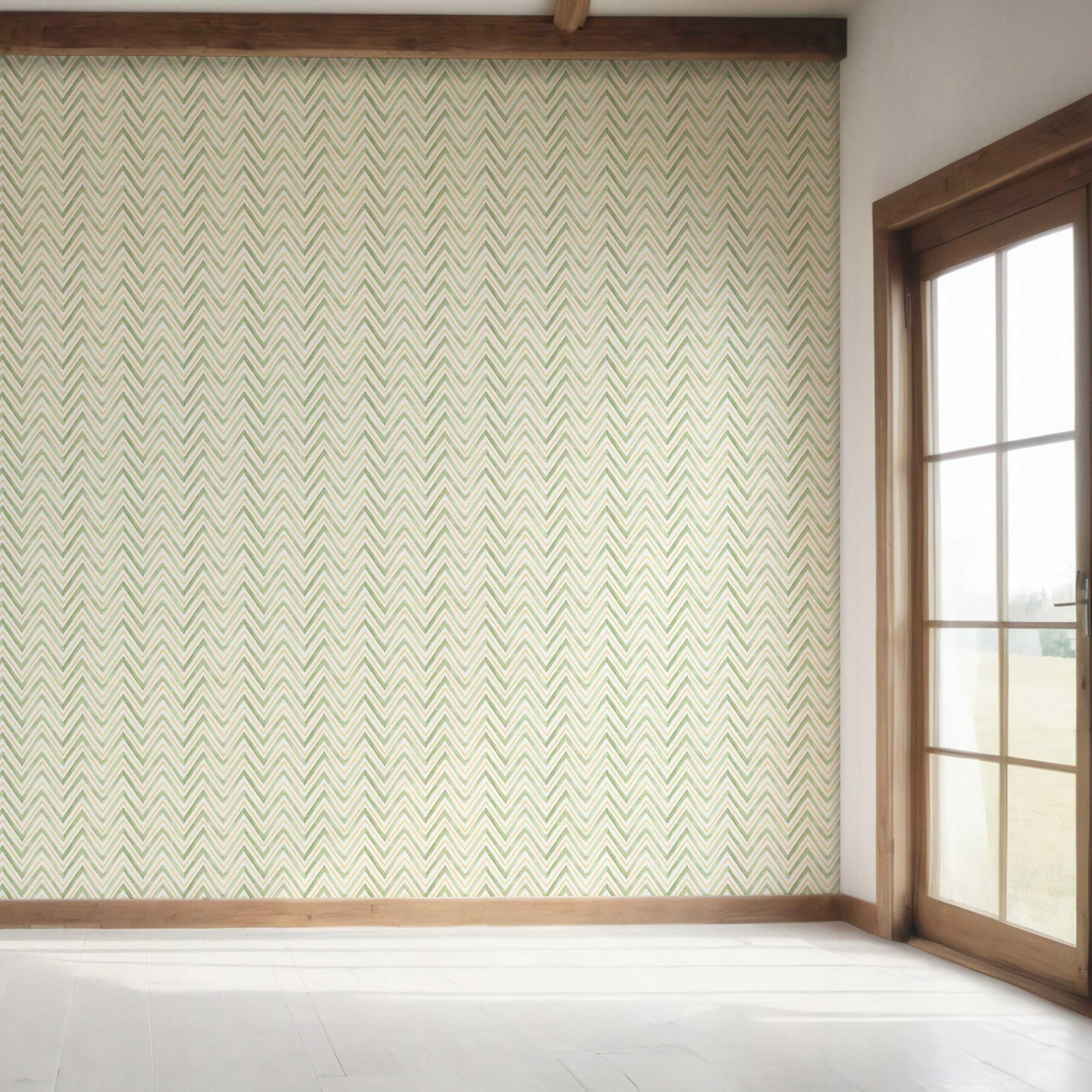 Geometric Zigzag/ Chevron Bedroom Wallpaper (Green/ Yellow)