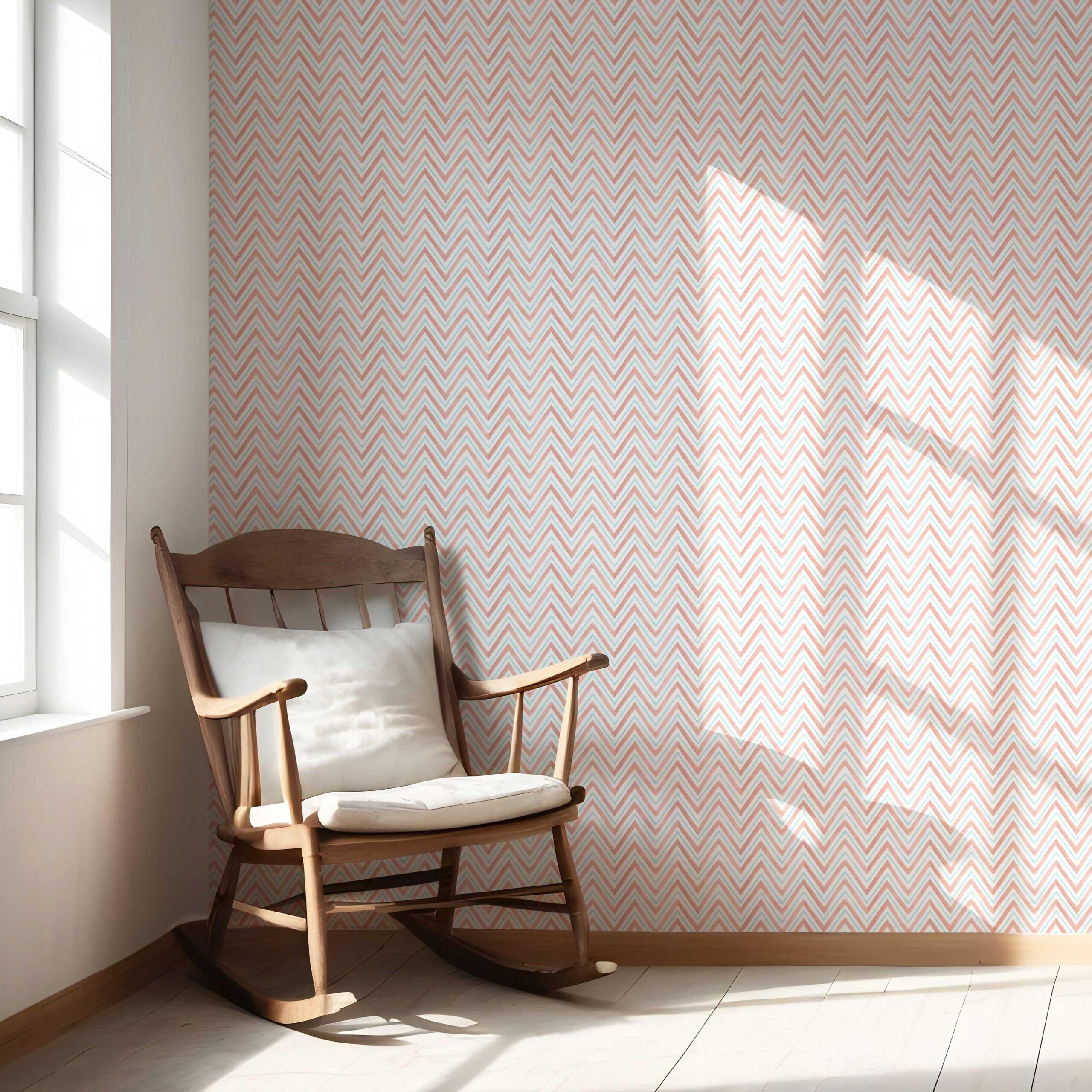 Geometric Zigzag/ Chevron Nursery Wallpaper Sample (Coral Pink/ Blue)
