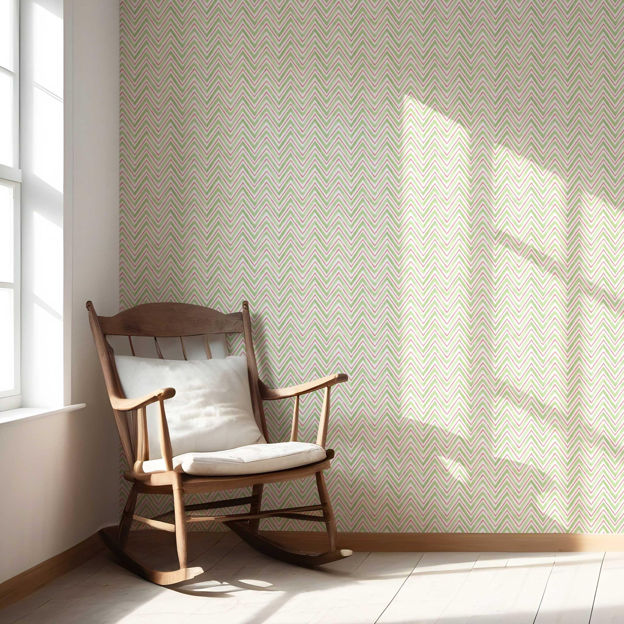 Geometric Zigzag/ Chevron Nursery Wallpaper Sample (Green/ Pink)