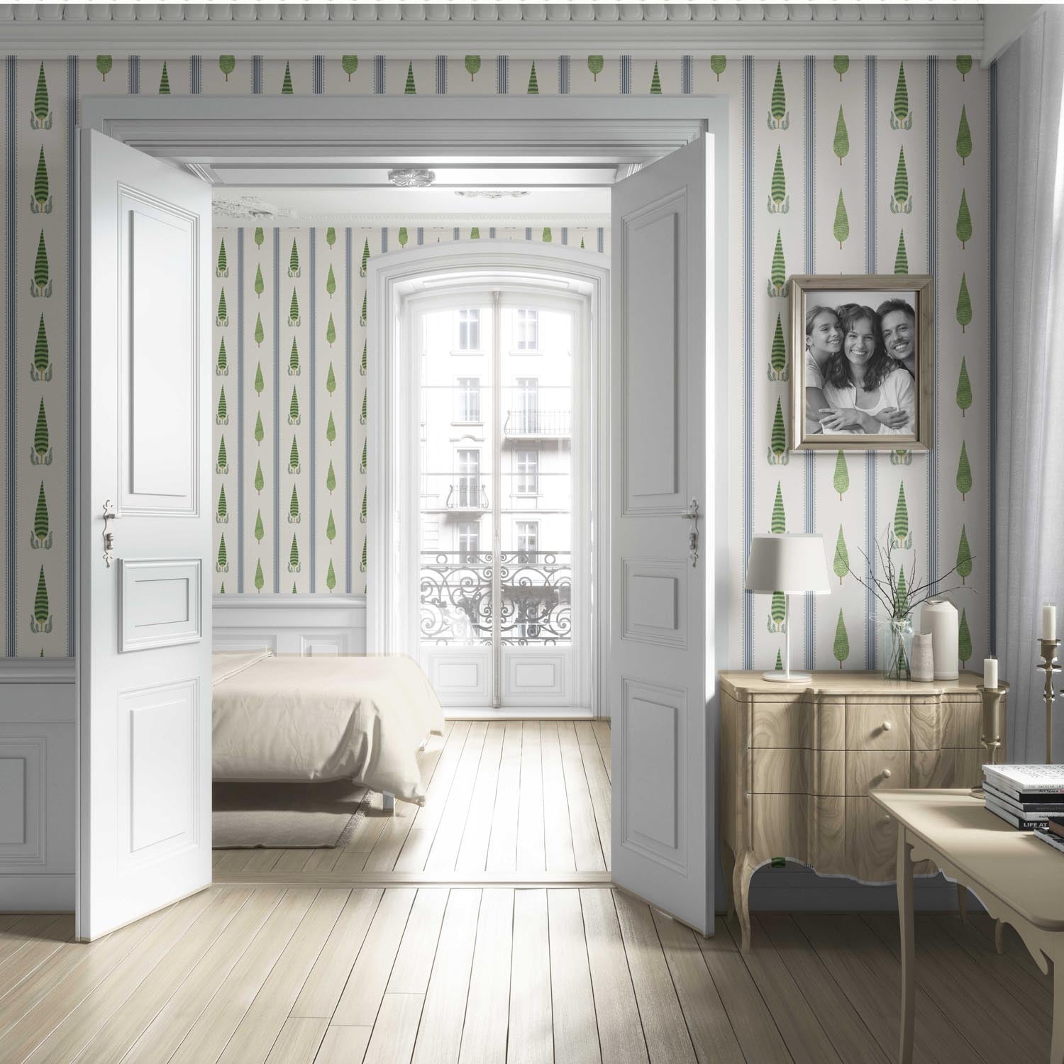 Modern Floral/ Botanical Leaf Print Living Room Wallpaper Sample (Green/ White/ Blue)