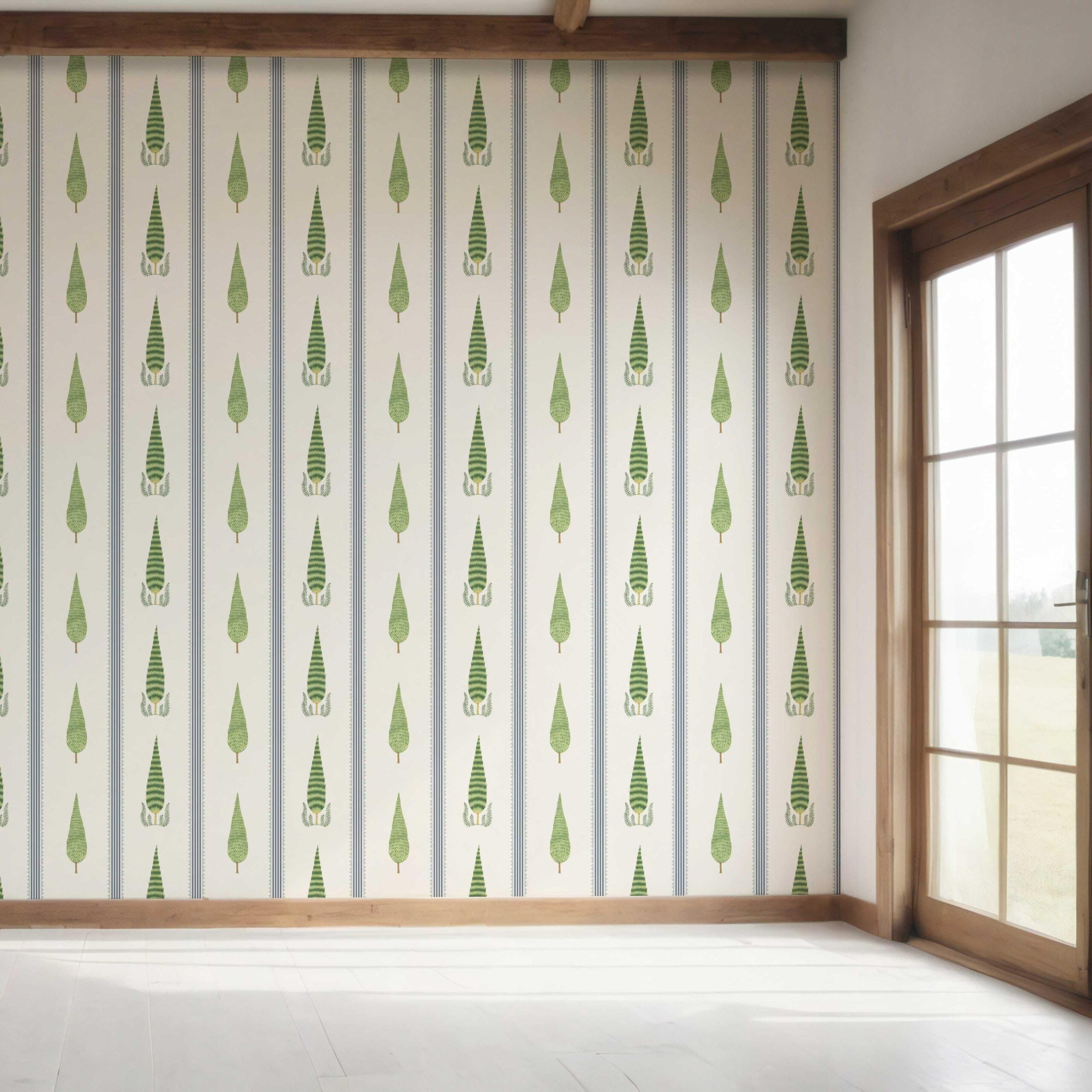 Modern Floral/ Botanical Leaf Print Bedroom Wallpaper Sample (Green/ White/ Blue)