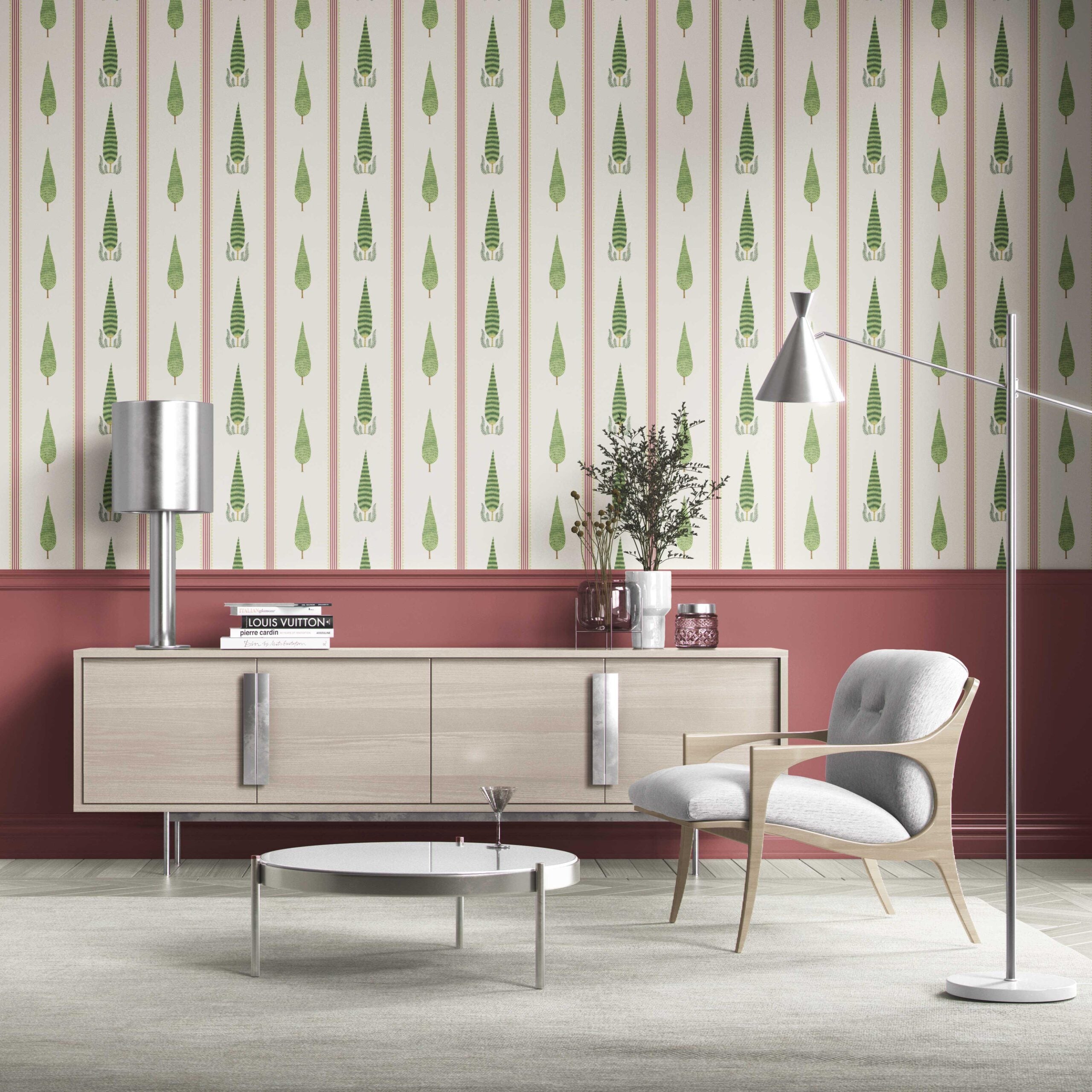 Modern Floral/ Botanical Leaf Print Kitchen Wallpaper Sample (Red/ Green/ White)
