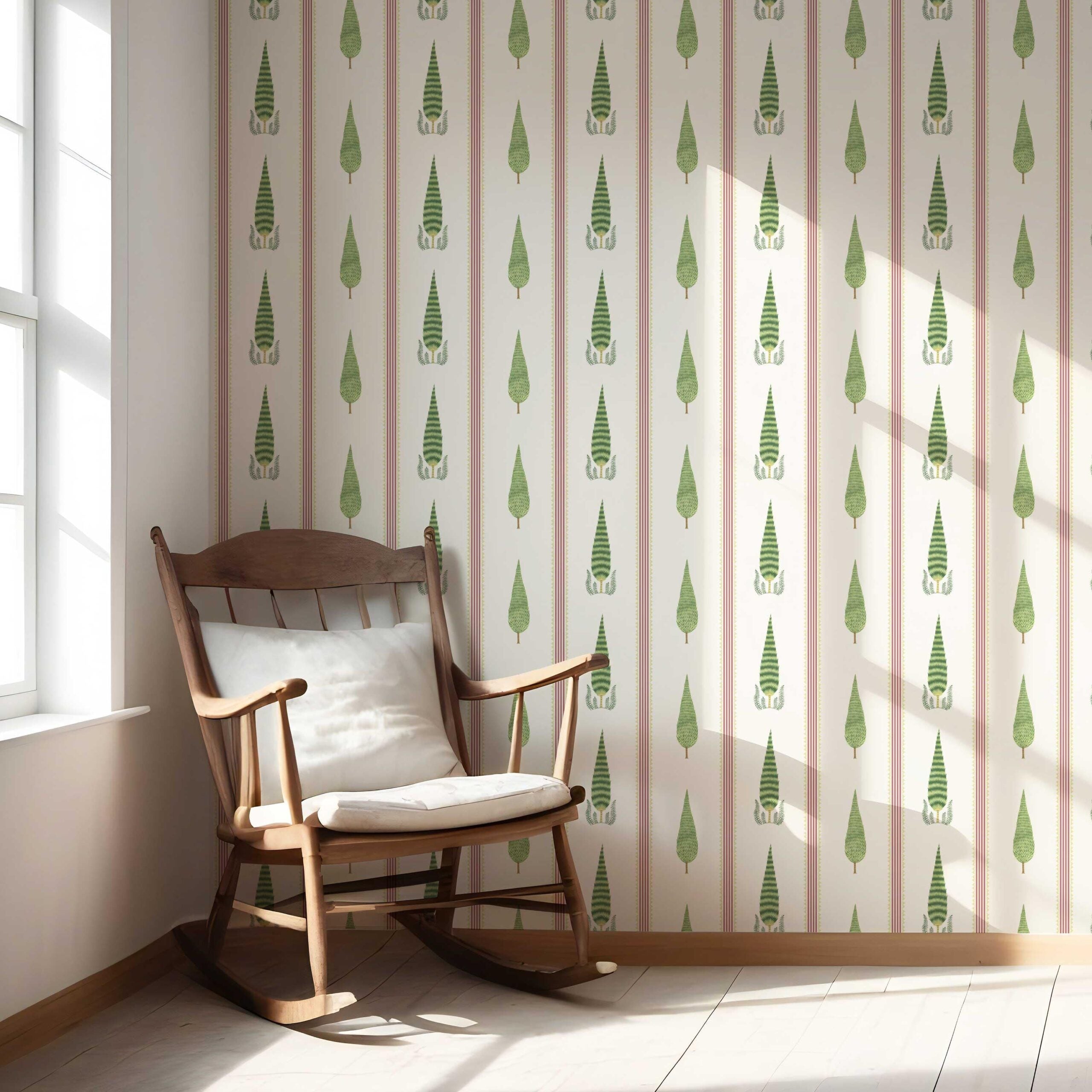 Modern Floral/ Botanical Leaf Print Nursery Wallpaper Sample (Red/ Green/ White)