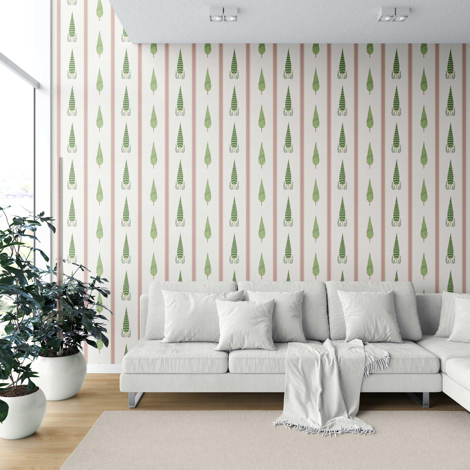 Modern Floral/ Botanical Leaf Print Shower Toilet Wallpaper Sample (Red/ Green/ White)