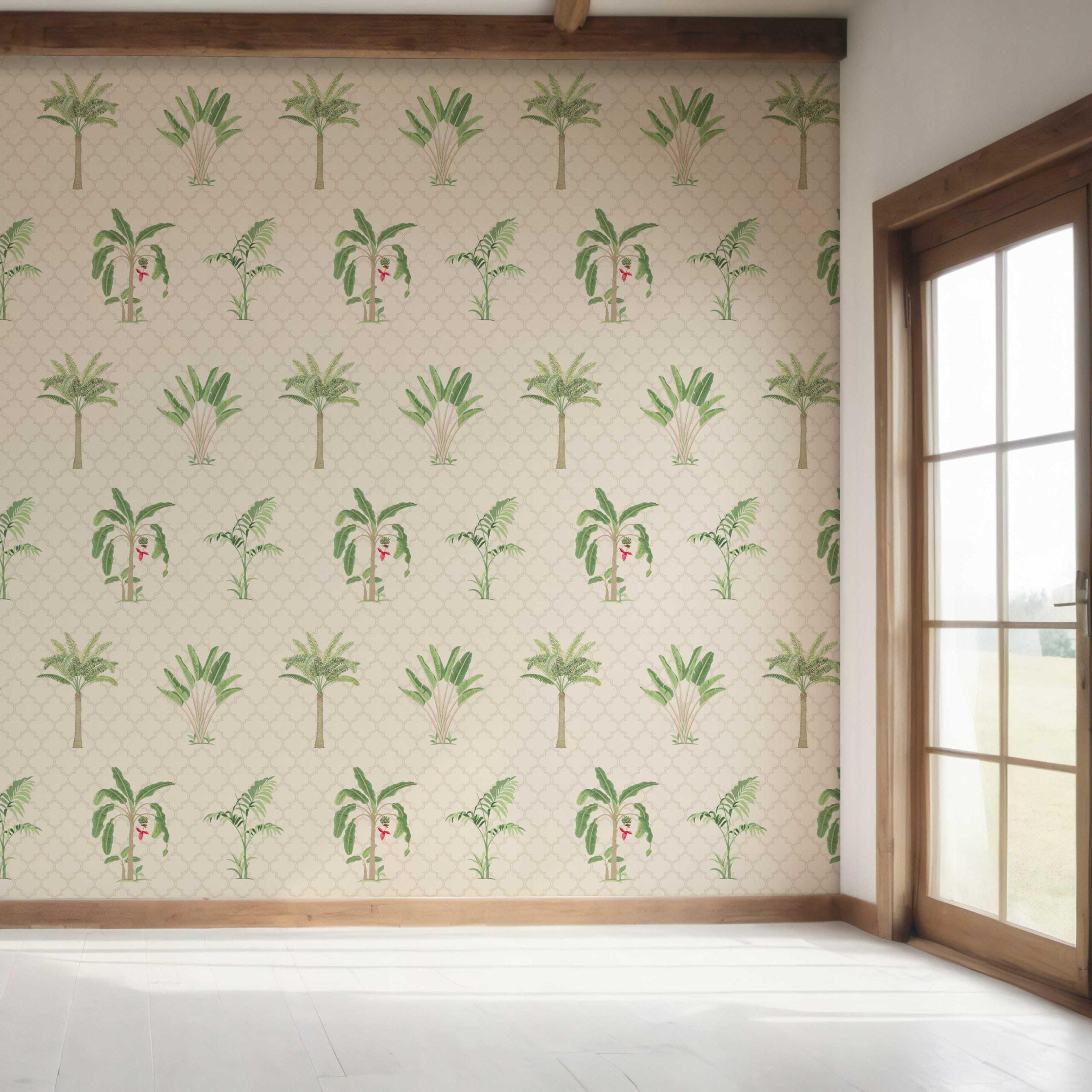 Botanical/ Floral Block Print Bedroom Wallpaper (Beige/ Green/ Red/ Soft Taupe)