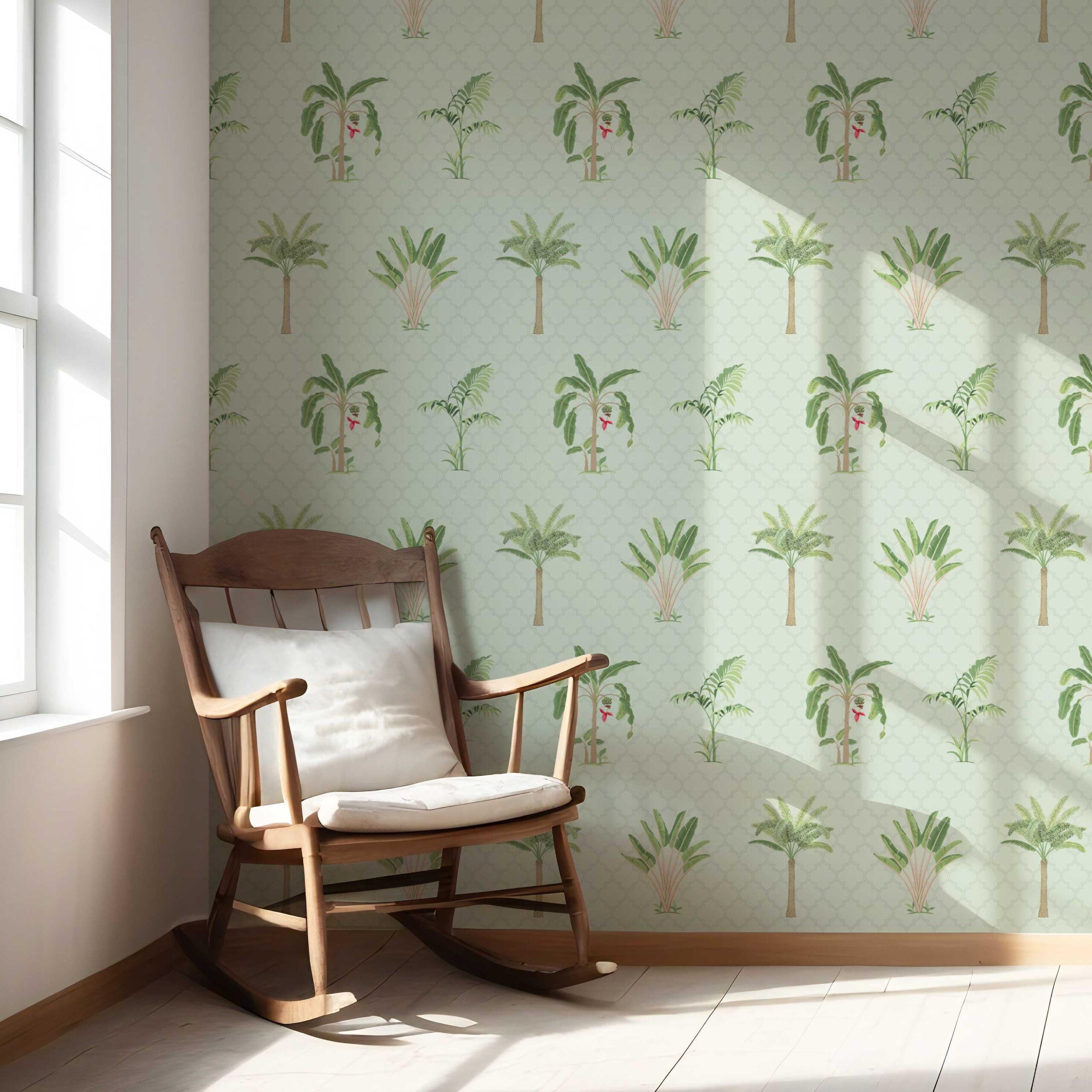 Botanical/ Floral Block Print Nursery Wallpaper (Mint Green/ Red)