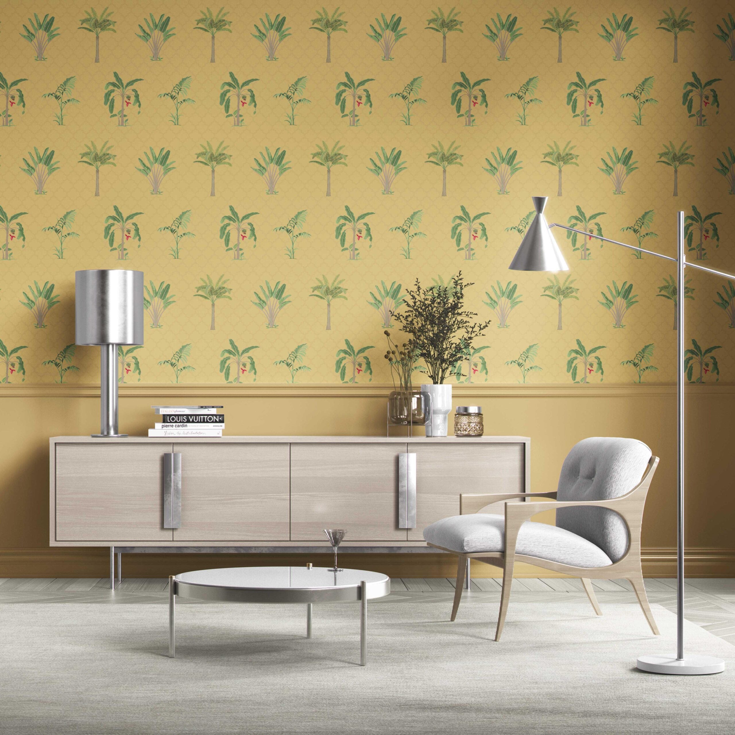 Botanical/ Floral Block Print Traditional Wallpaper Sample (Yellow/ Green/ Red)