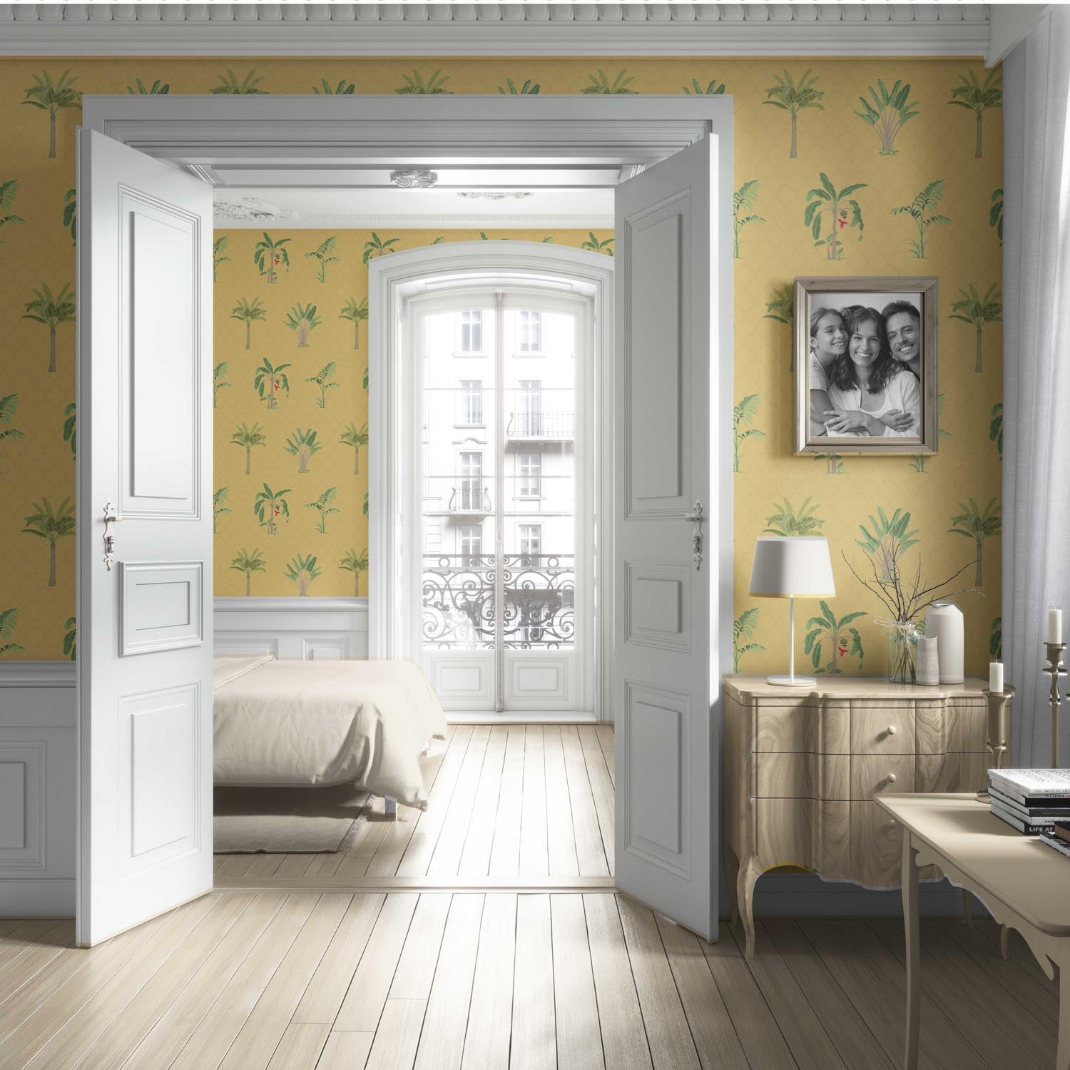 Botanical/ Floral Block Print Living Room Wallpaper Sample (Yellow/ Green/ Red)