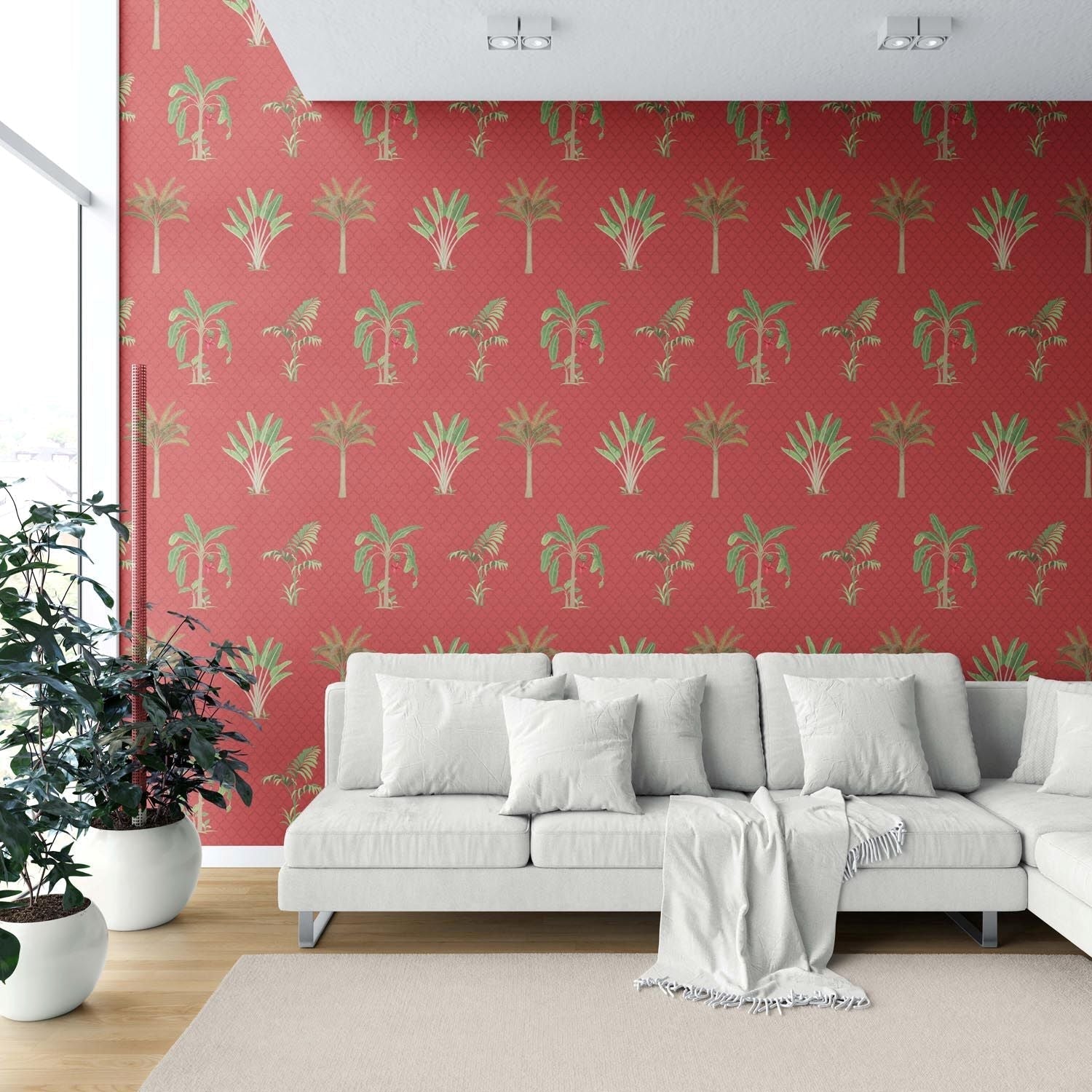 Botanical/ Floral Block Print Shower Toilet Wallpaper (Red-Orange/ Green)