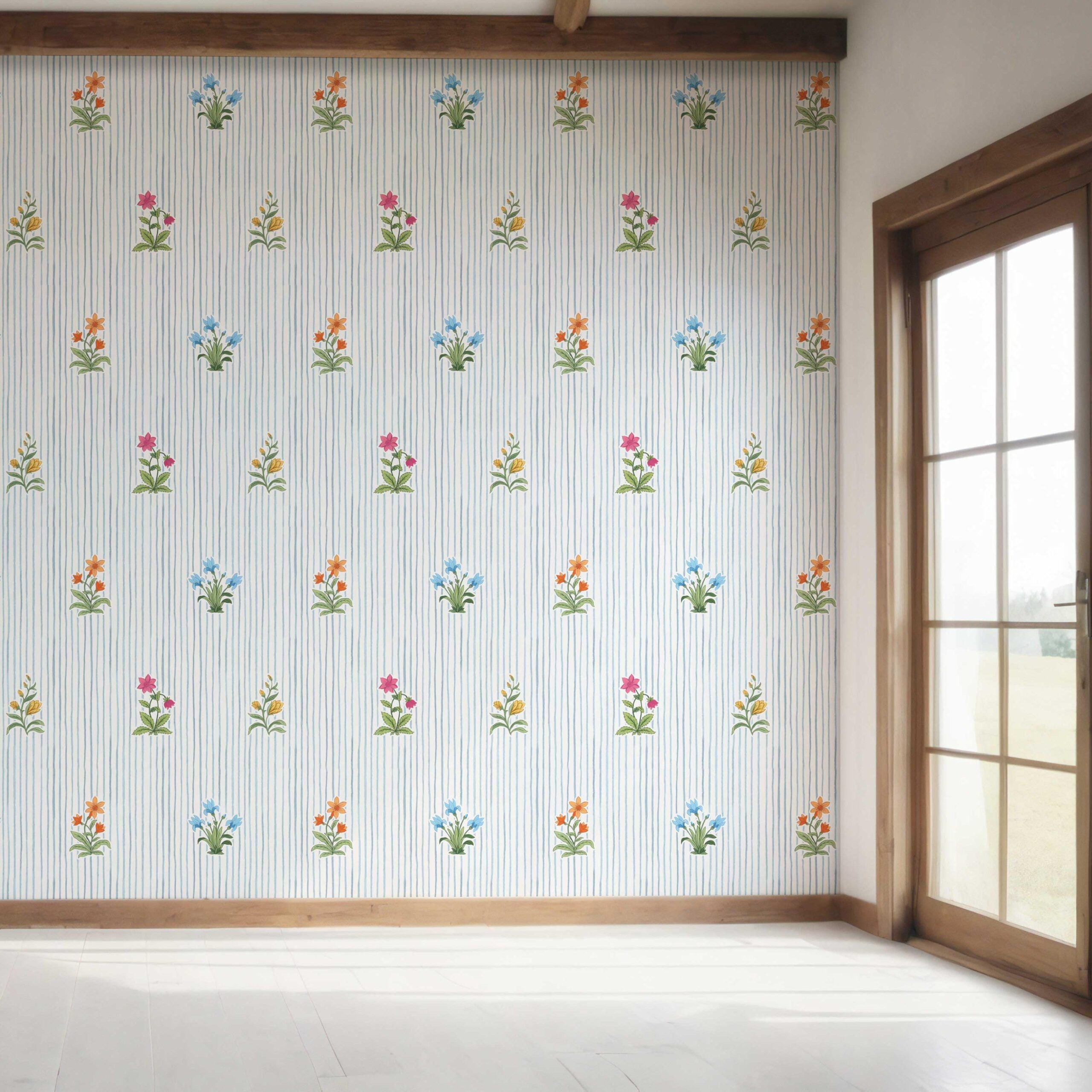 Floral Striped Block Print Bedroom Wallpaper (Blue/ Pink/ Green/ Orange )