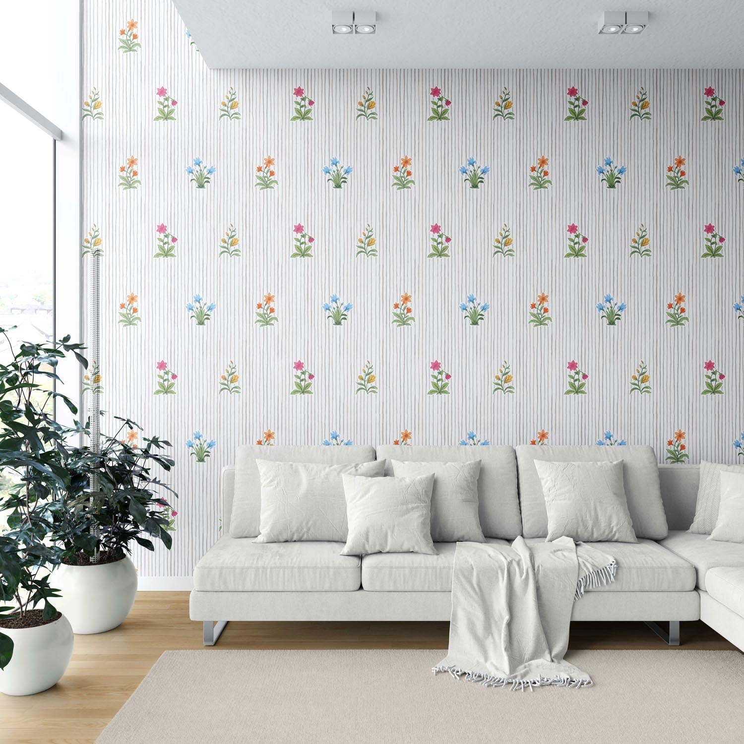 Floral Striped Block Print Living Room Wallpaper Sample (Gray/ Pink/ Green/ Blue)