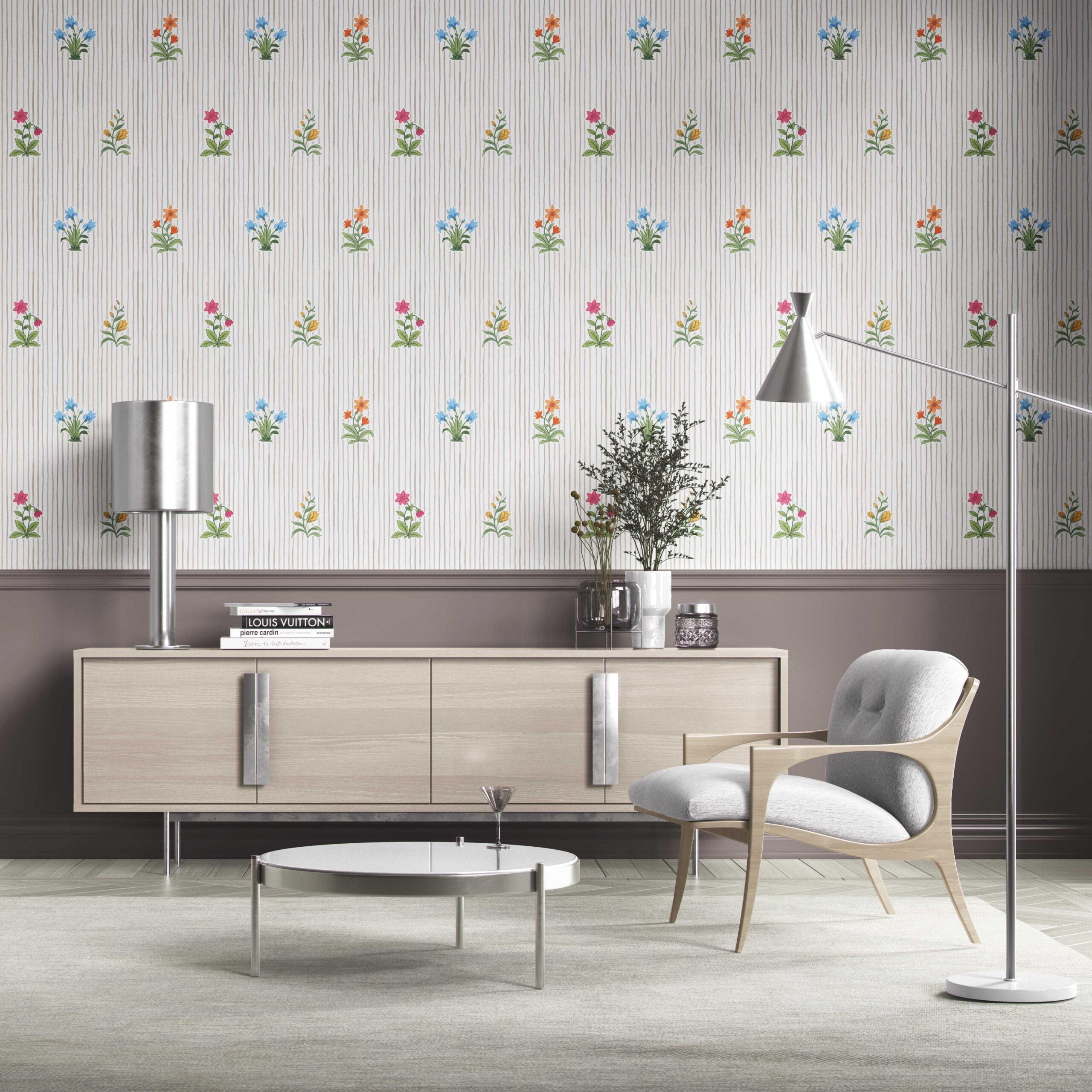 Floral Striped Block Print Bedroom Wallpaper Sample (Gray/ Pink/ Green/ Blue)