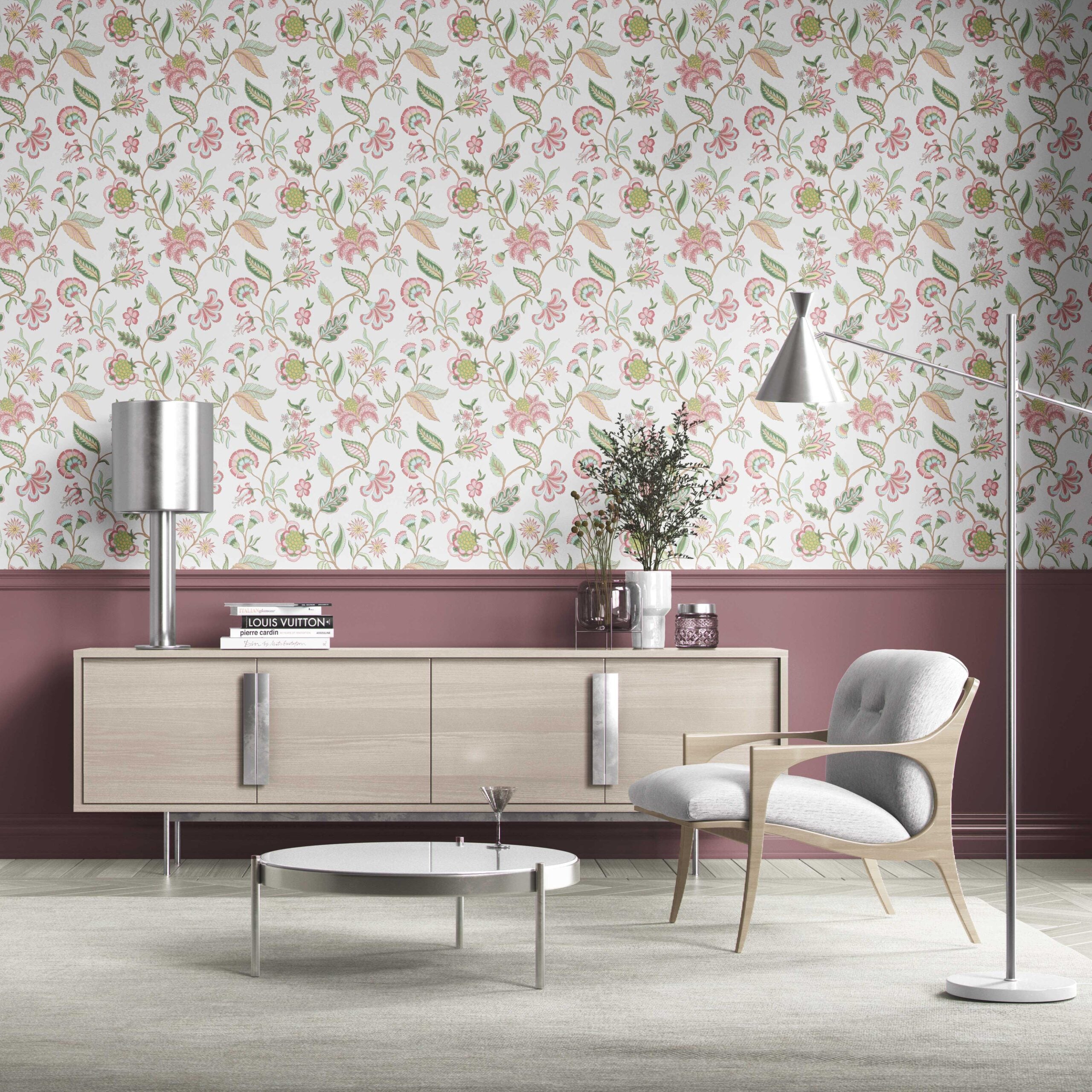 Botanical/ Floral Chinoiserie Kitchen Wallpaper Sample (Pink/ Green/ Blue)