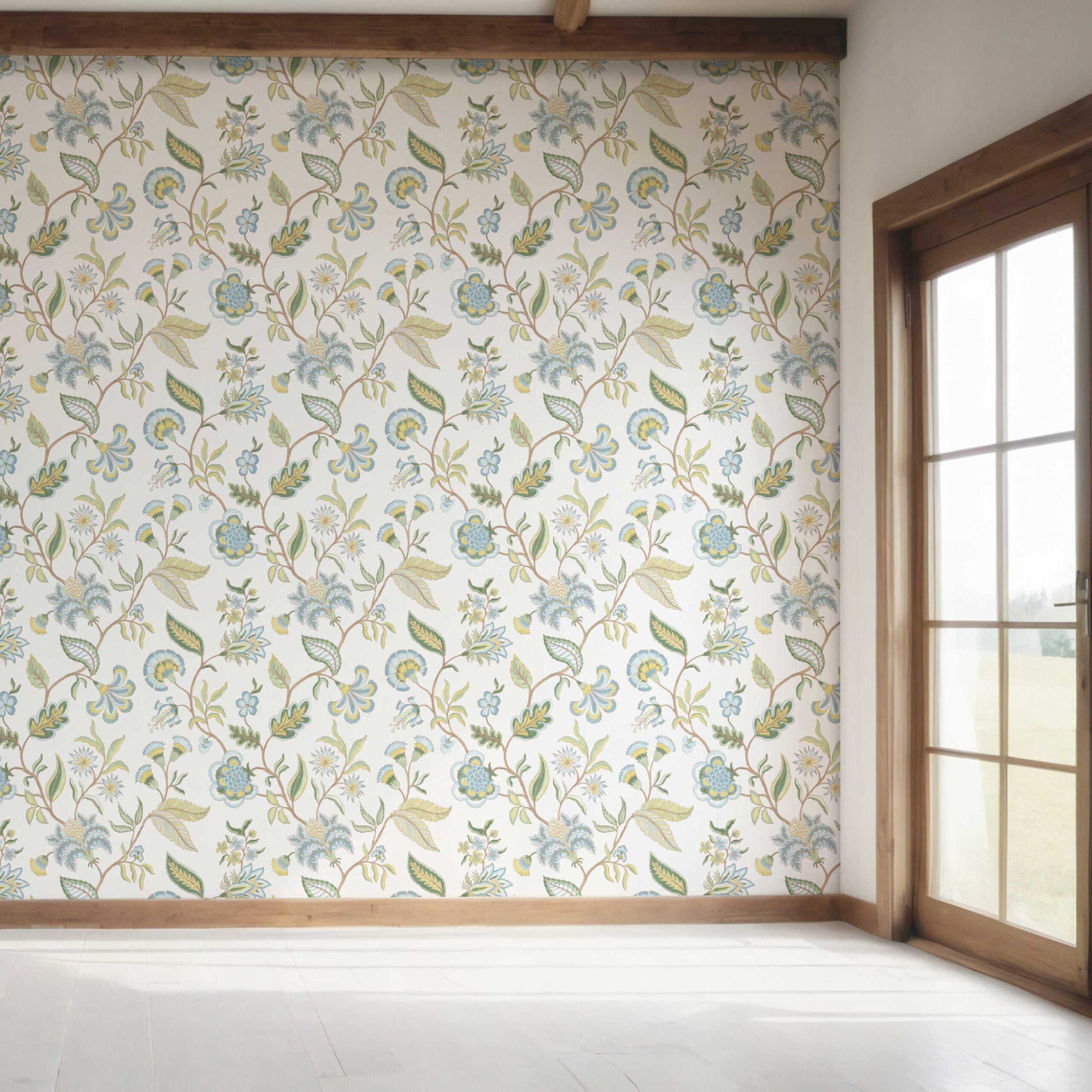 Botanical/ Floral Chinoiserie Bedroom Wallpaper Sample (Blue/ Green/ Yellow)