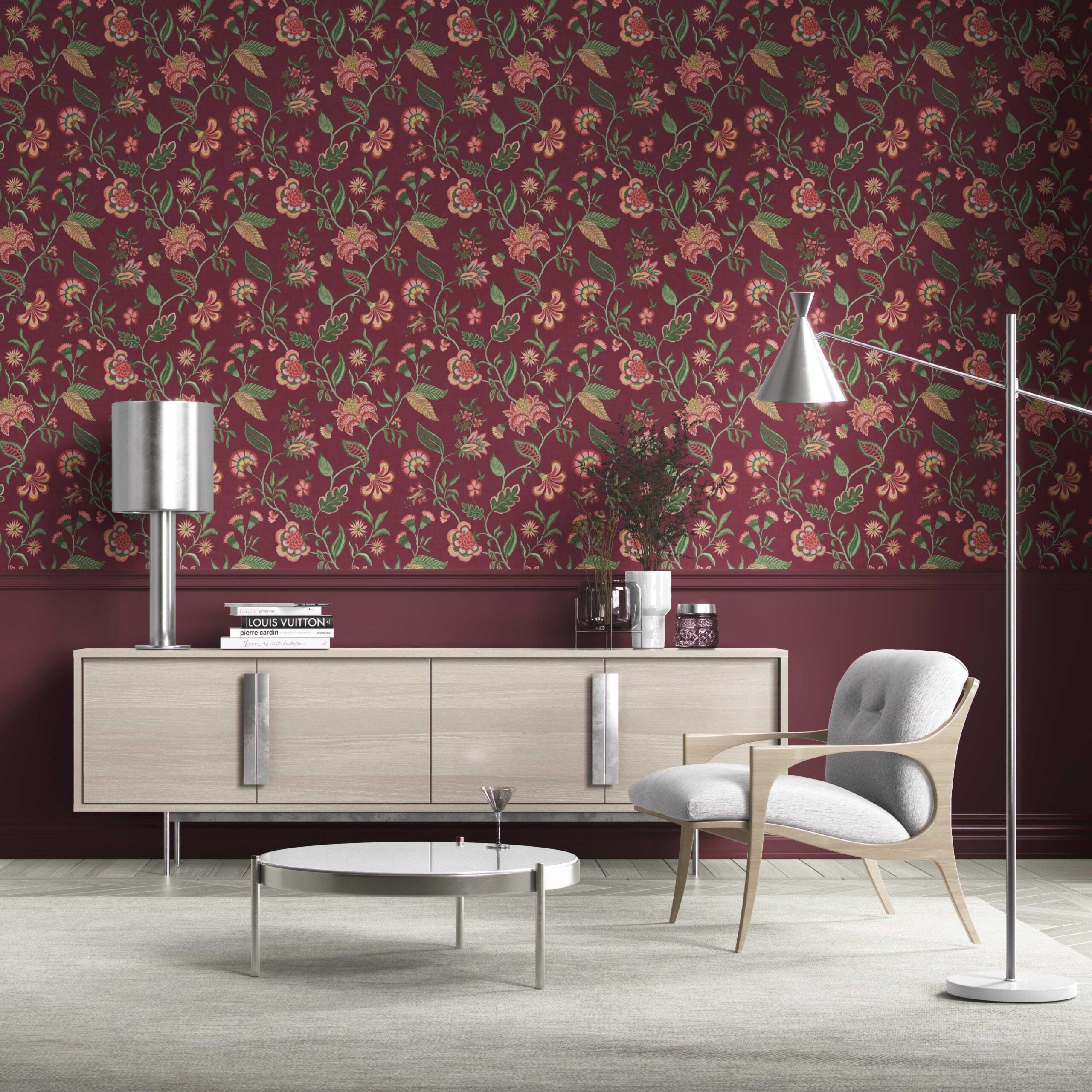 Botanical/ Floral Chinoiserie Kitchen Wallpaper (Maroon/ Red/ Pink/ Green)