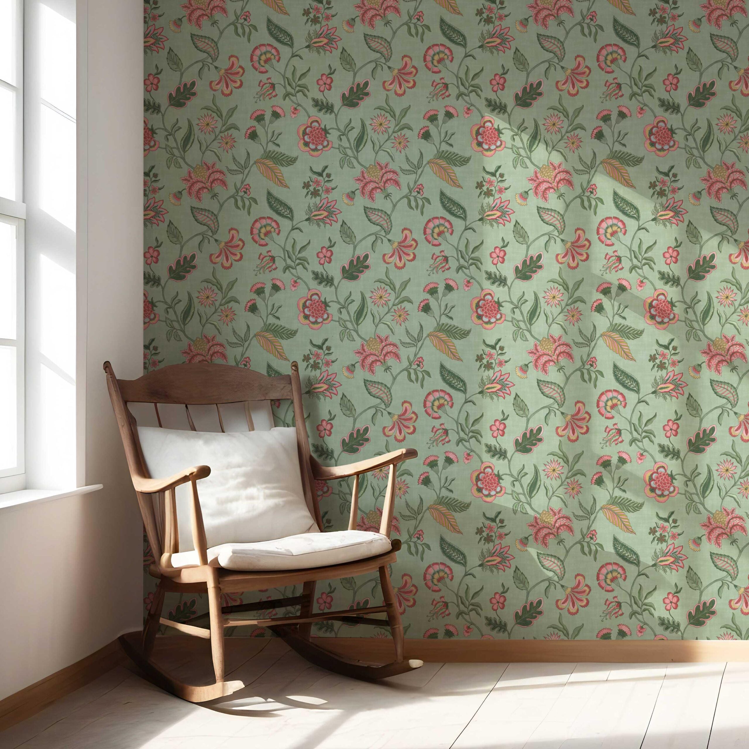 Botanical/ Floral Chinoiserie Nursery Wallpaper Sample (Sage Green/ Pink/ Red/ Blue)