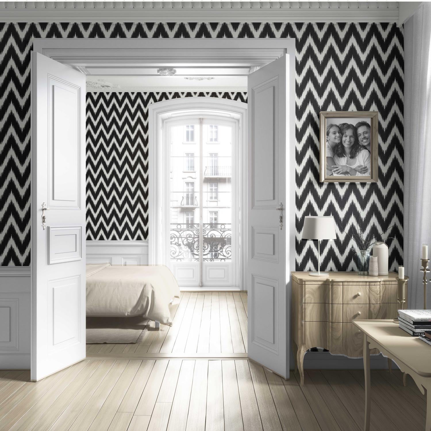 Neutral Chevron/ Zigzag Geometric Living Room Wallpaper Sample (Black/ White)