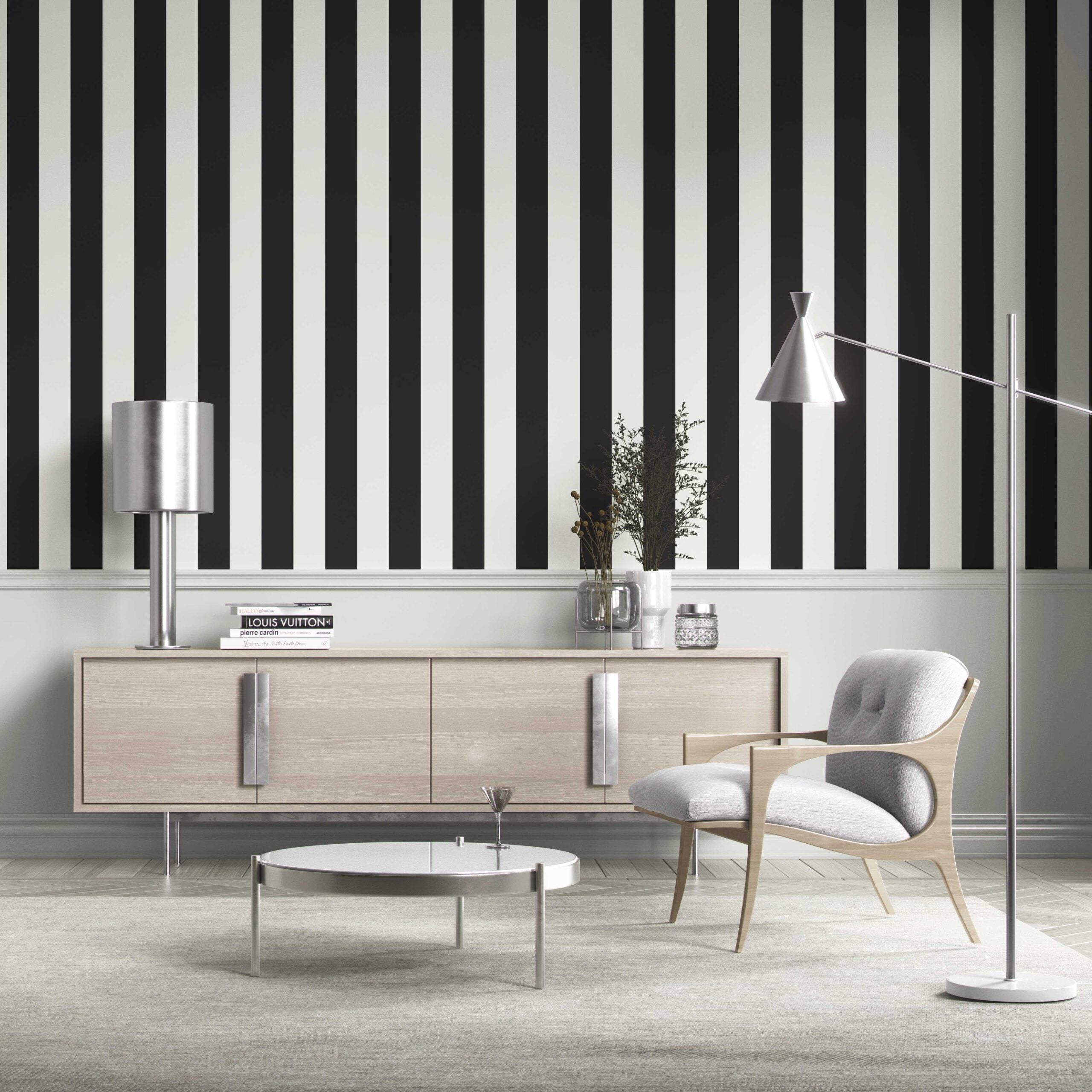Neutral Scandi/ Geometric Striped Traditional Wallpaper (Black/ White)