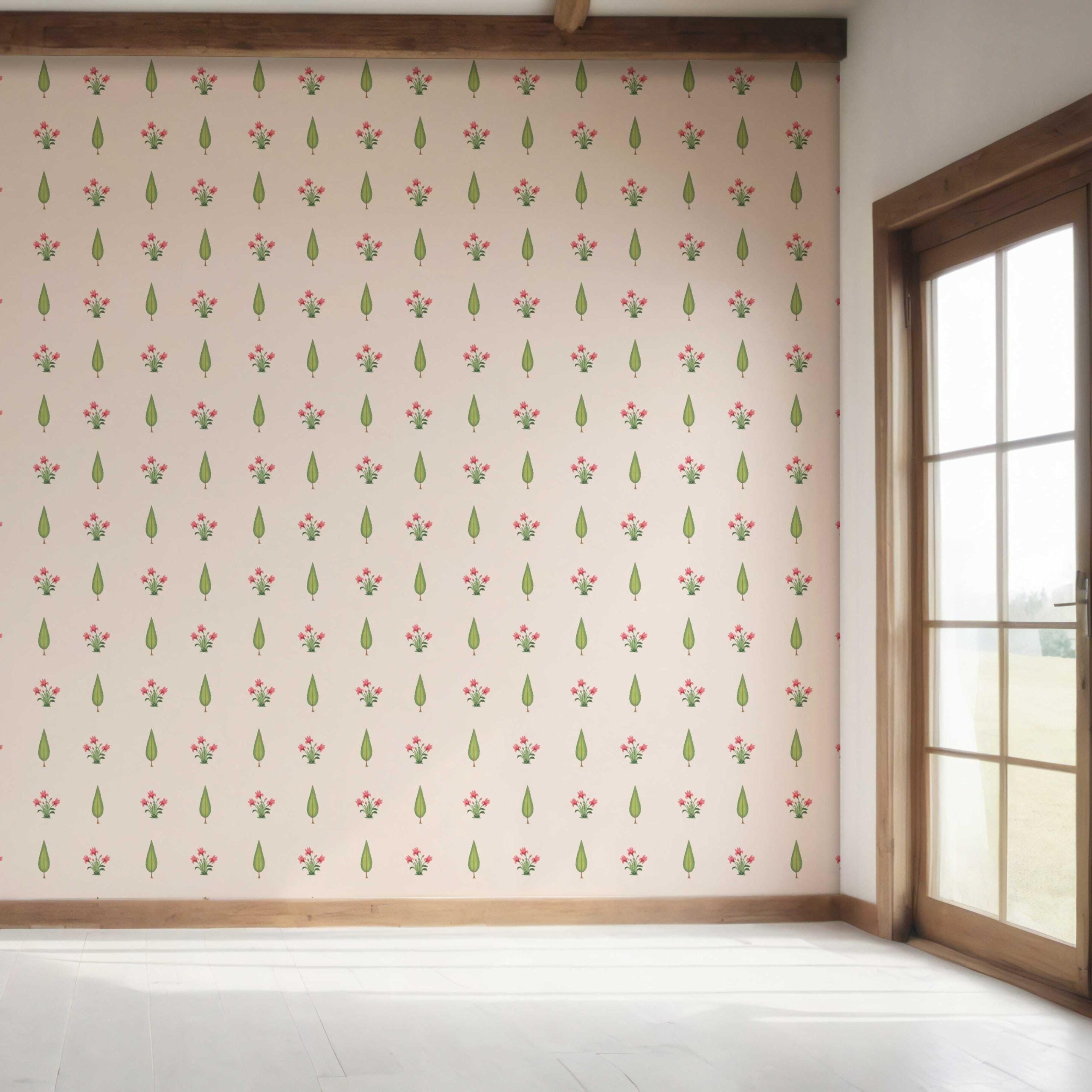 Botanical Floral Block Print Bedroom Wallpaper Sample (Soft Pink/ Green)
