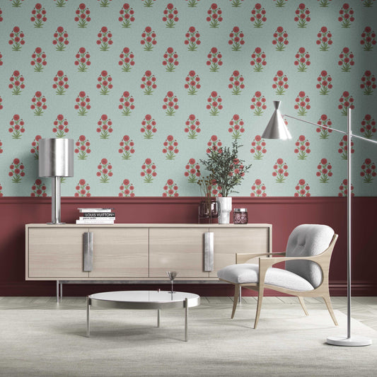 Botanical Floral Block Print Traditional Wallpaper (Blue/ Red-Pink/ Green)