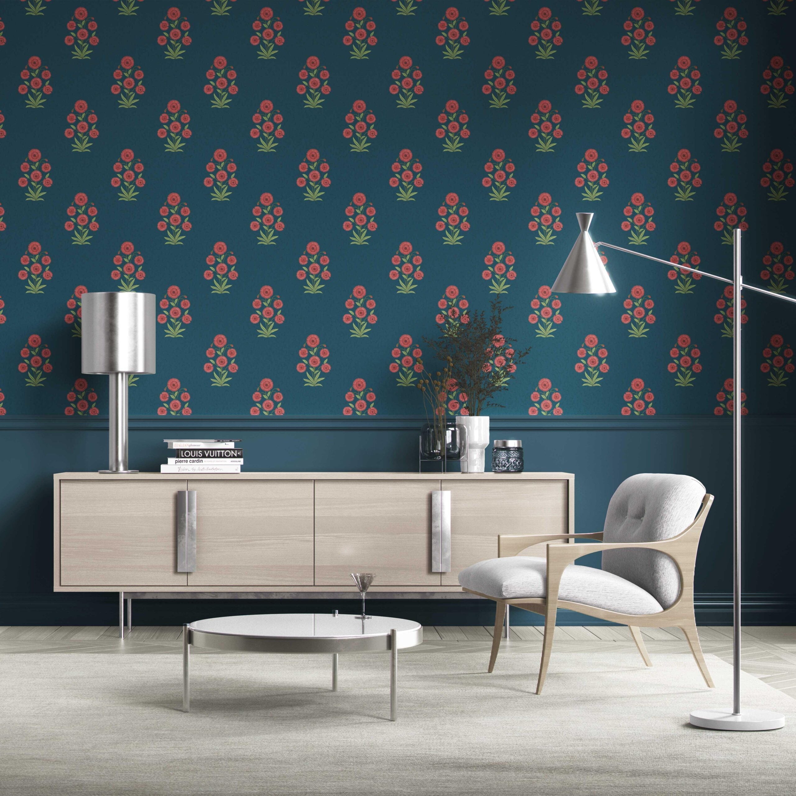Botanical Floral Block Print Traditional Wallpaper (Teal Blue/ Red-Pink/ Green)