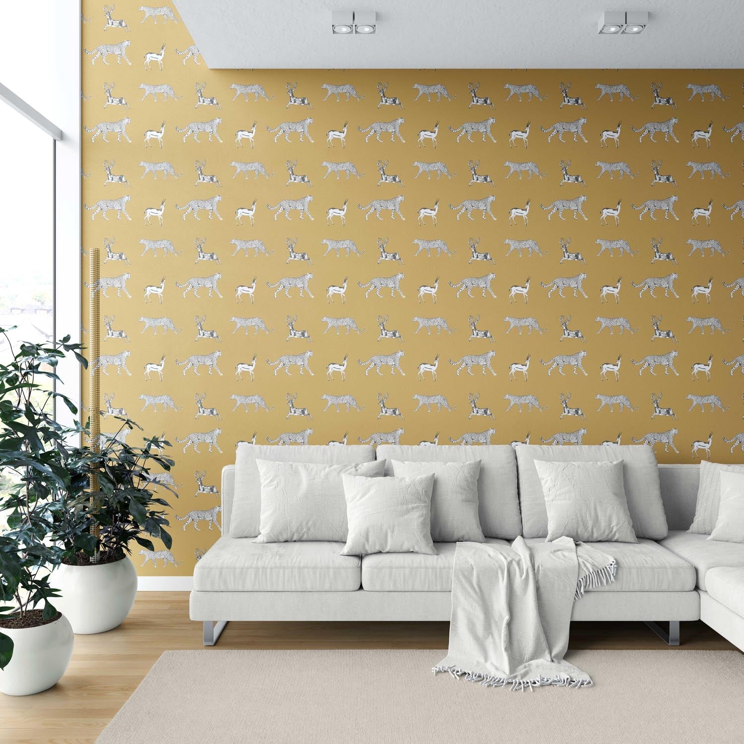 Leopard Animal Print Shower Toilet Wallpaper Sample (Yellow/ White/ Gray)