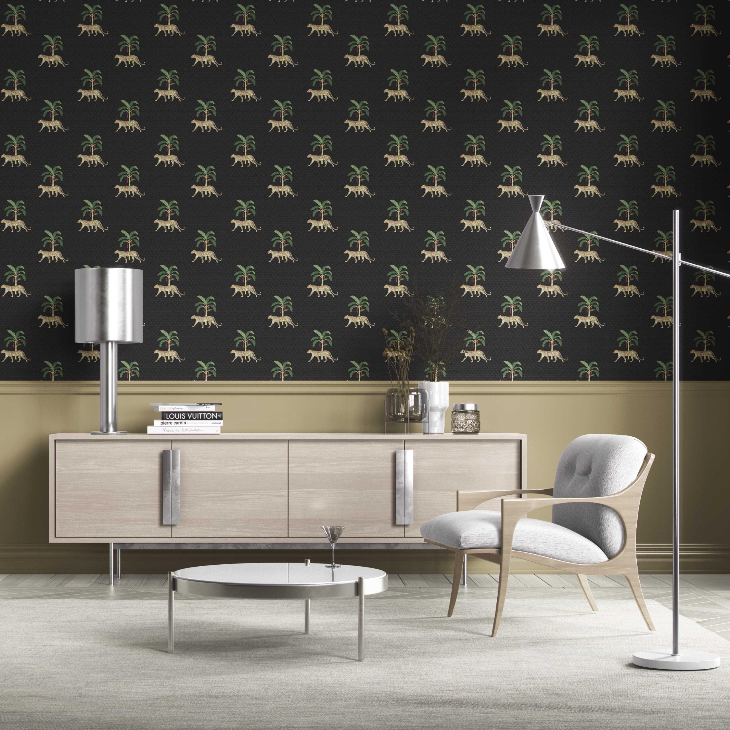 Leopard Animal Print Kitchen Wallpaper (Black/ Tan/ Red/ Green)