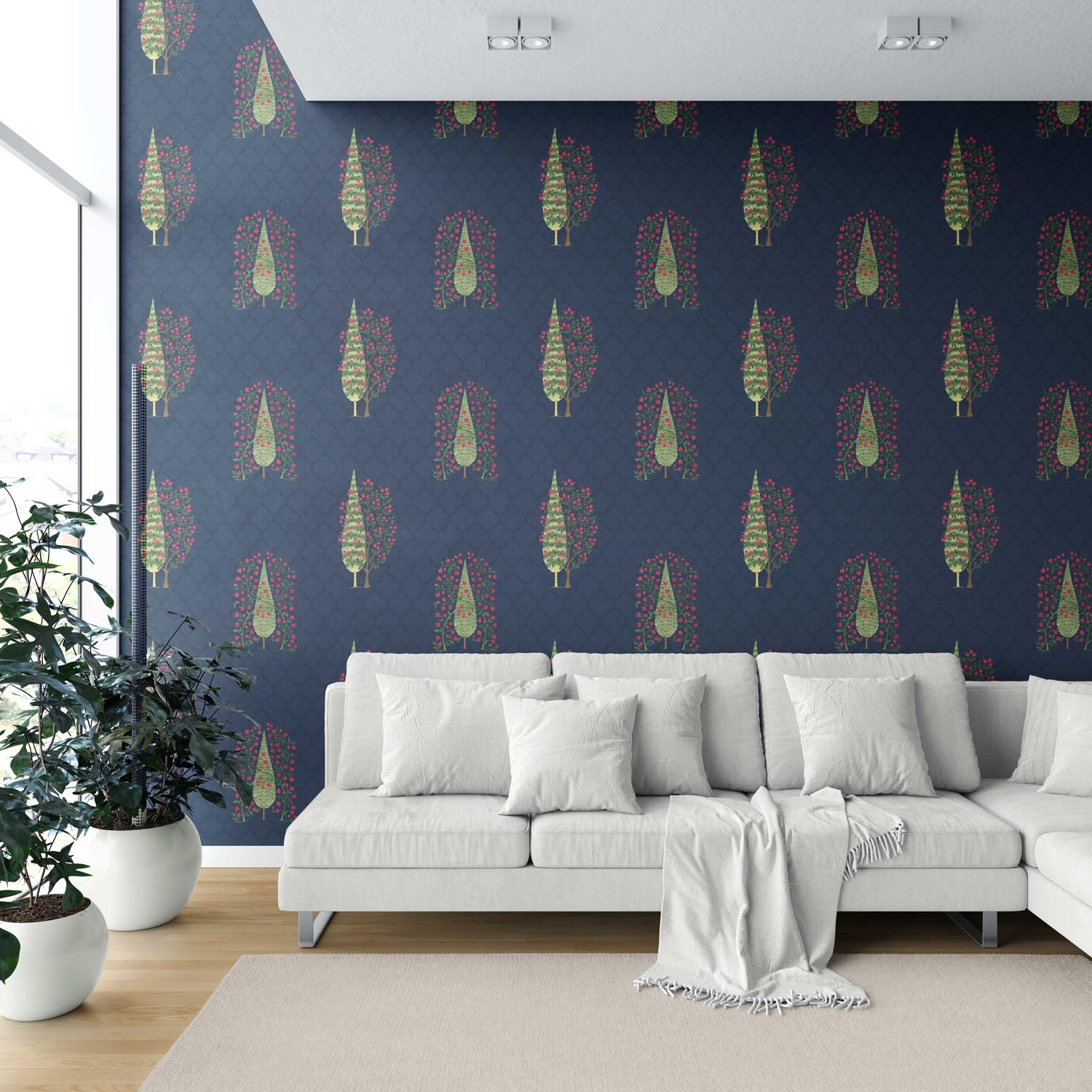 Botanical/ Floral Print Shower Toilet Wallpaper (Navy Blue/ Pink/ Green)