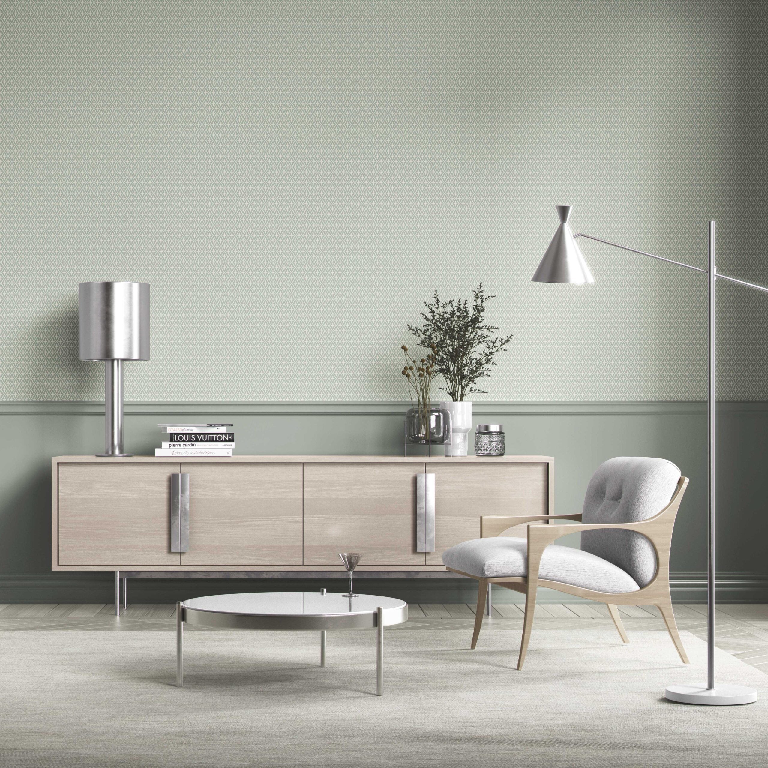 Geometric Diamond Lattice Bathroom Wallpaper Sample (Green/ White)