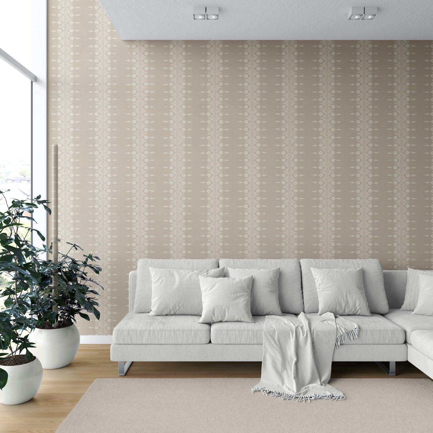 Neutral Floral Striped Shower Toilet Wallpaper (Beige/ Off-White)