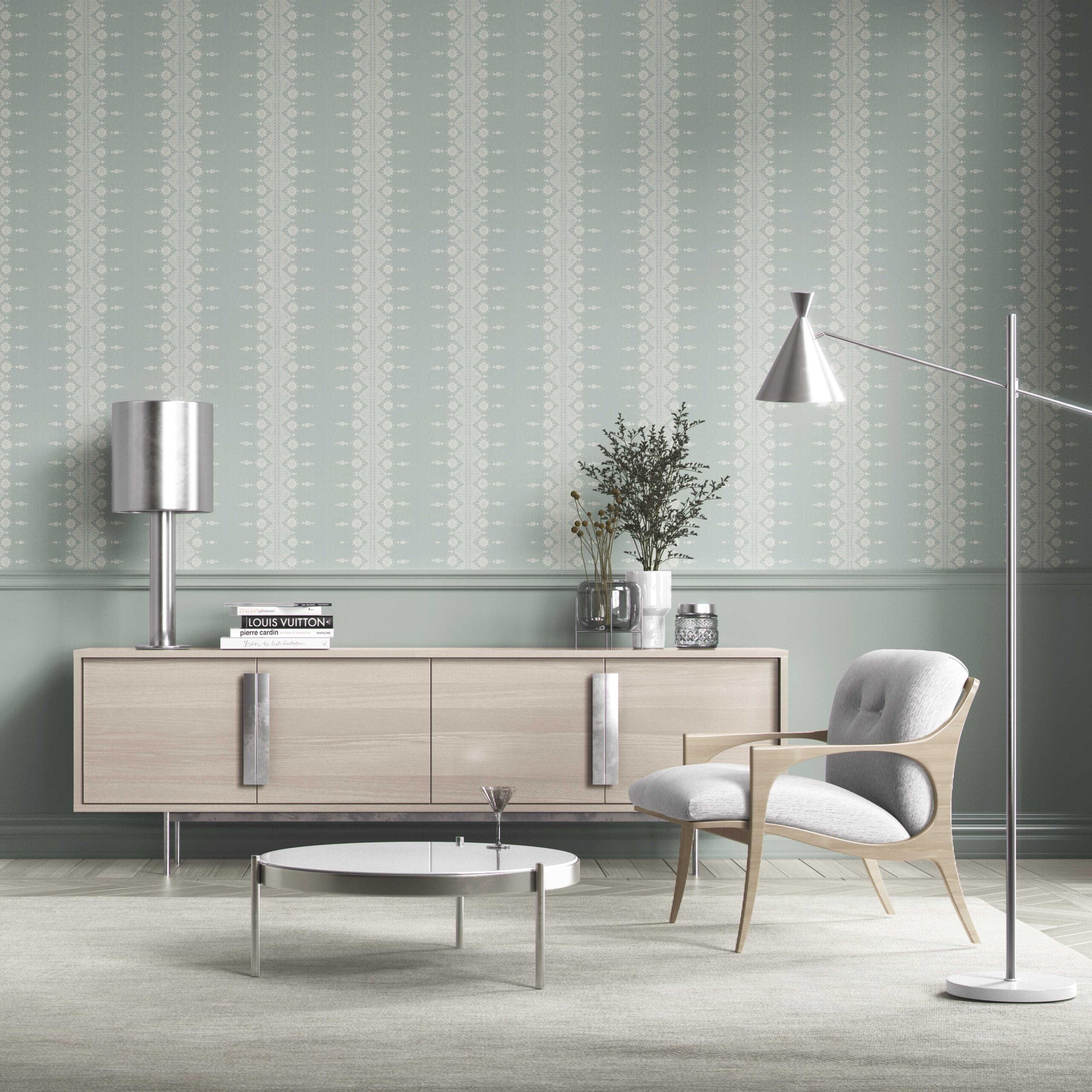 Floral Striped Kitchen Wallpaper Sample (Duck Egg Blue/ Off-White)