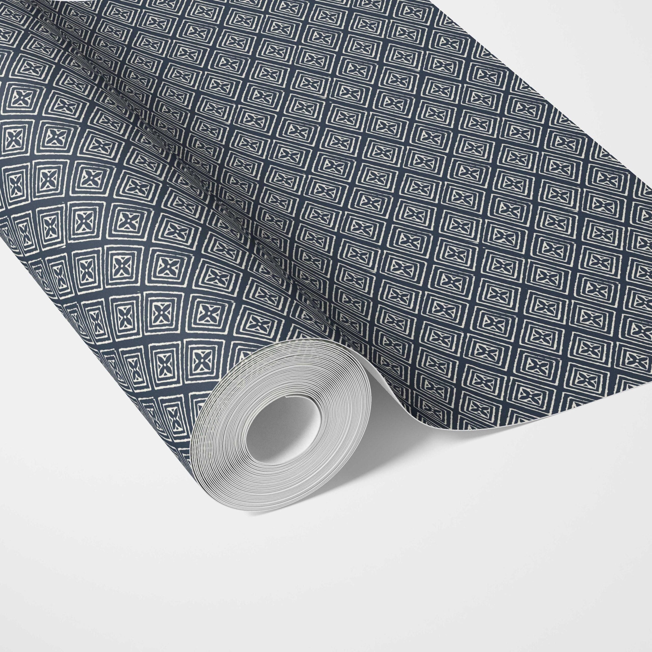 Small Diamond Lattice/ Textured Check Traditional Wallpaper (Midnight Blue/ White)