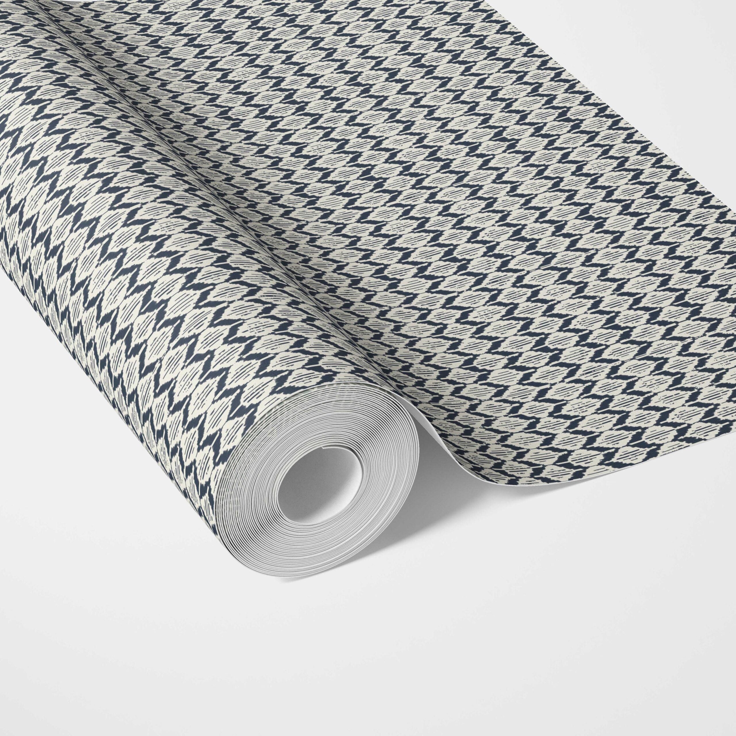 Geometric Ikat Striped Traditional Wallpaper (Navy Blue/ White)