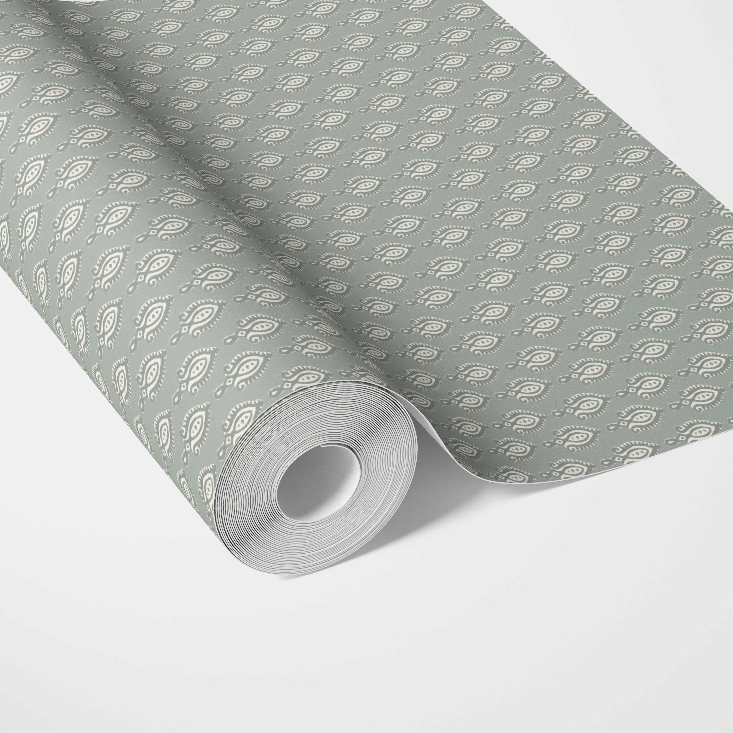 Textured Teardrop/ Paisley Block Print Traditional Wallpaper Sample (Green-Gray/ White)