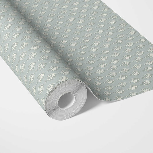 Textured Teardrop/ Paisley Block Print Traditional Wallpaper (Blue-Gray/ White)