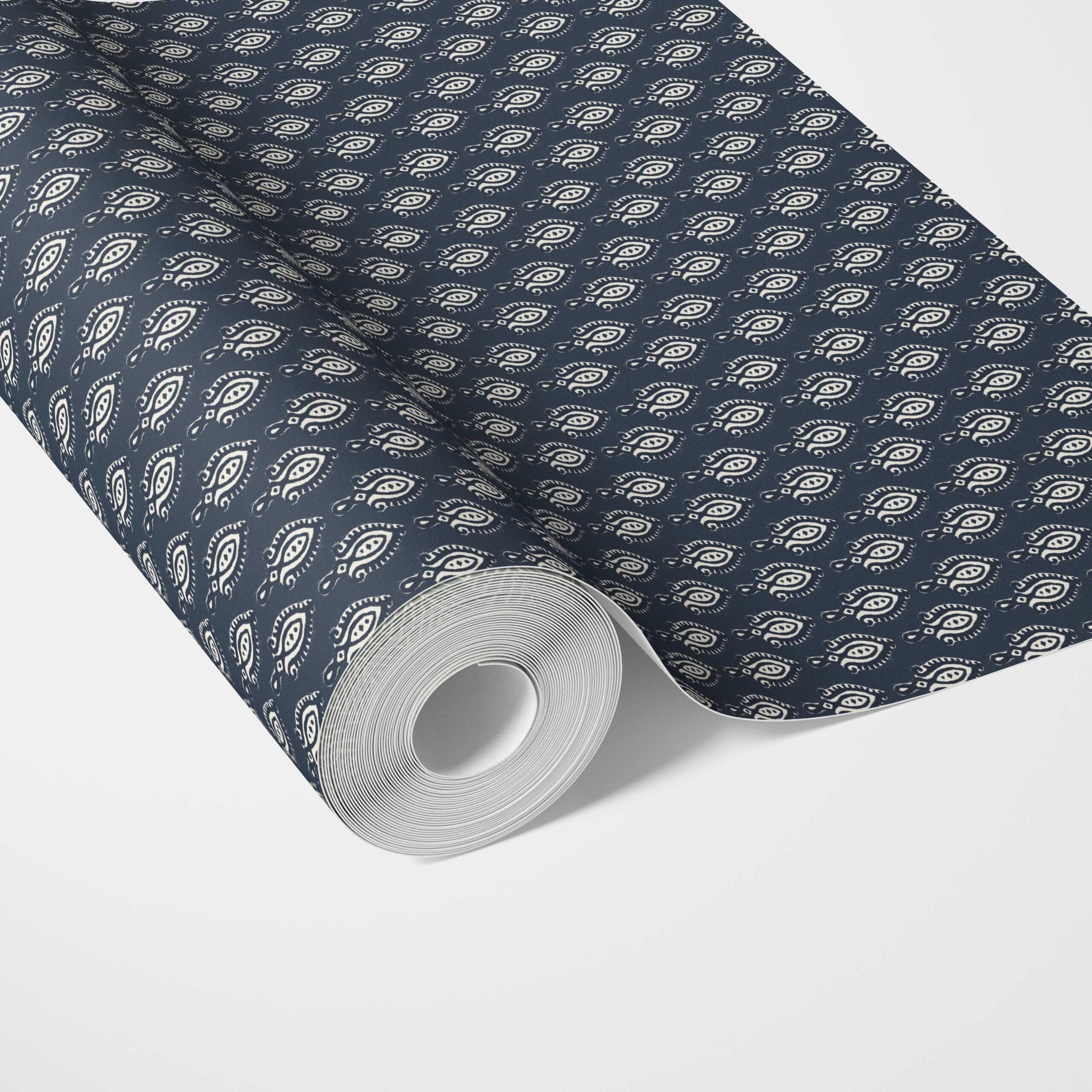 Textured Teardrop/ Paisley Block Print Traditional Wallpaper (Navy Blue/ White)